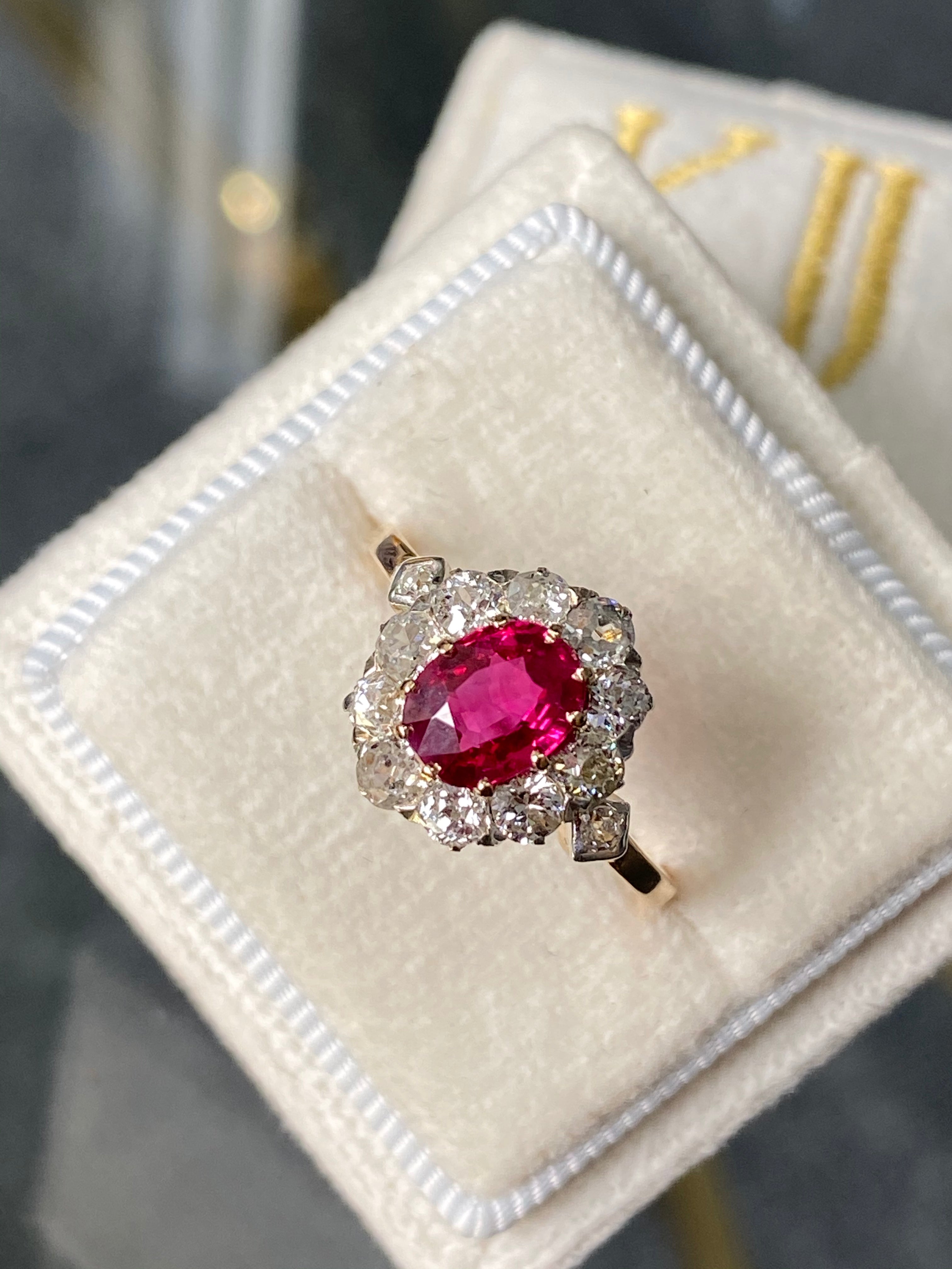 1.18 Carat Antique Ruby and Diamond Halo Engagement Ring in 18ct Yellow Gold