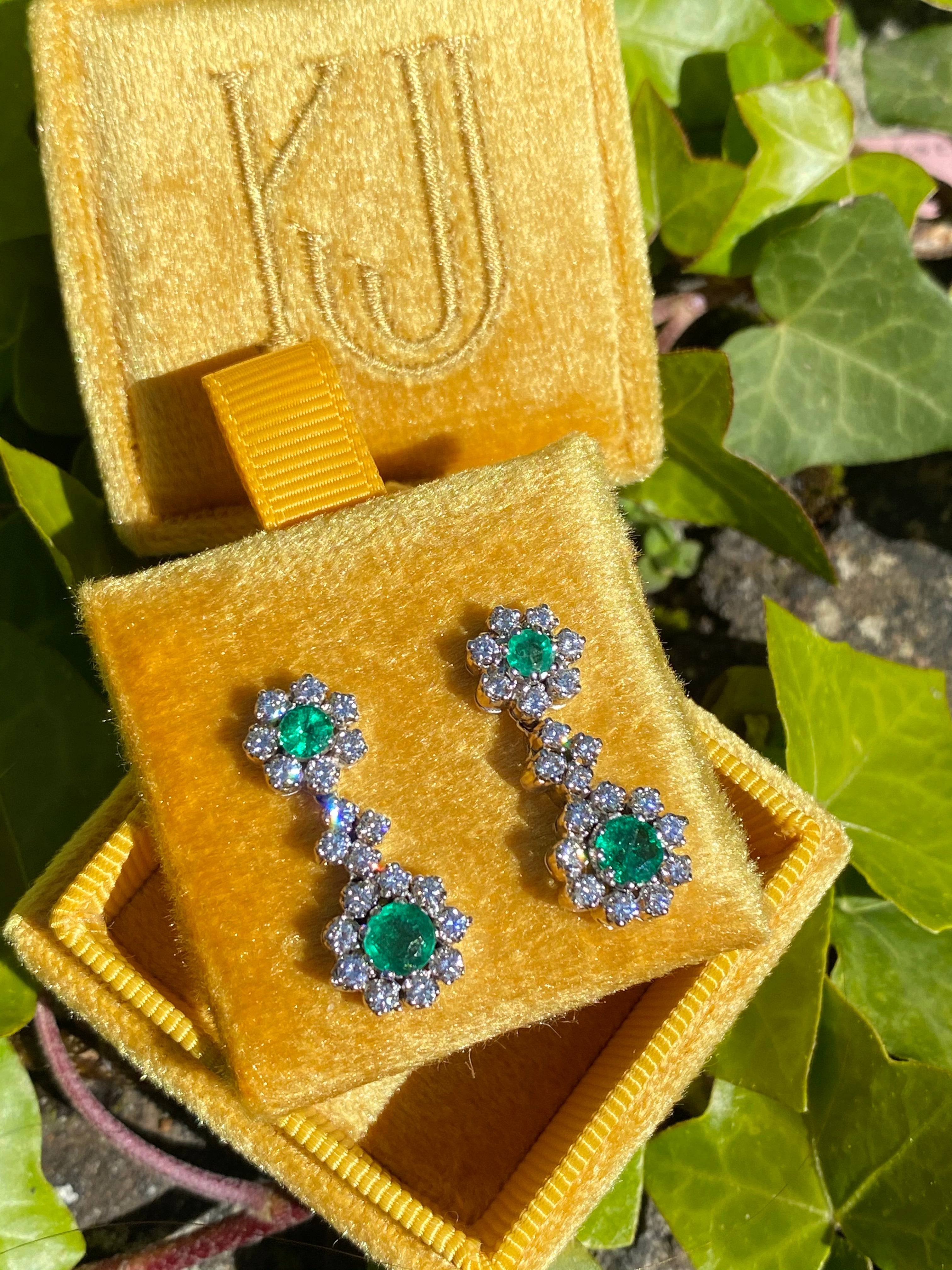 1.75 CTW Emerald and Diamond Drop Earrings in Platinum