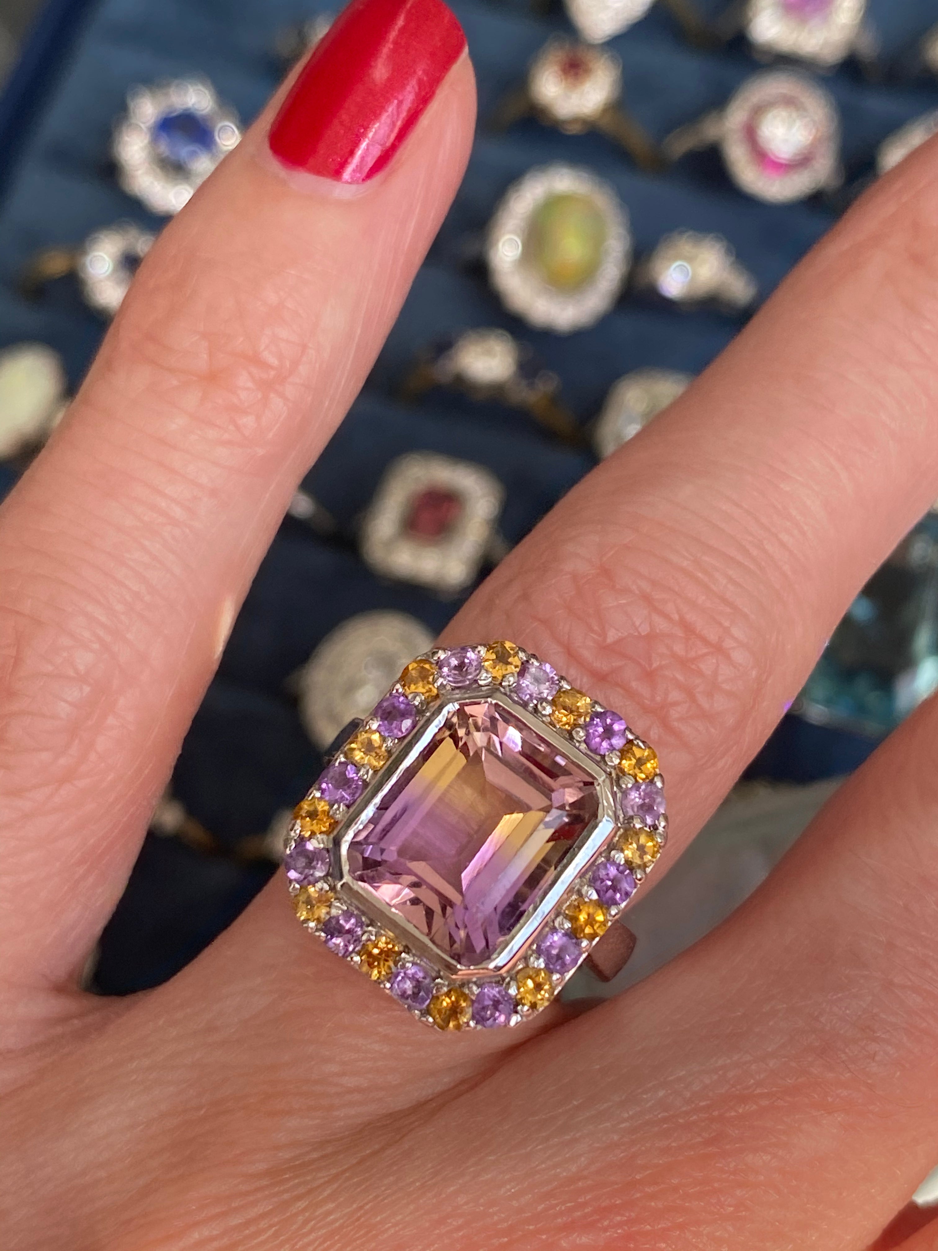 Ametrine Amethyst and Citrine Halo Cocktail Ring in Sterling Silver