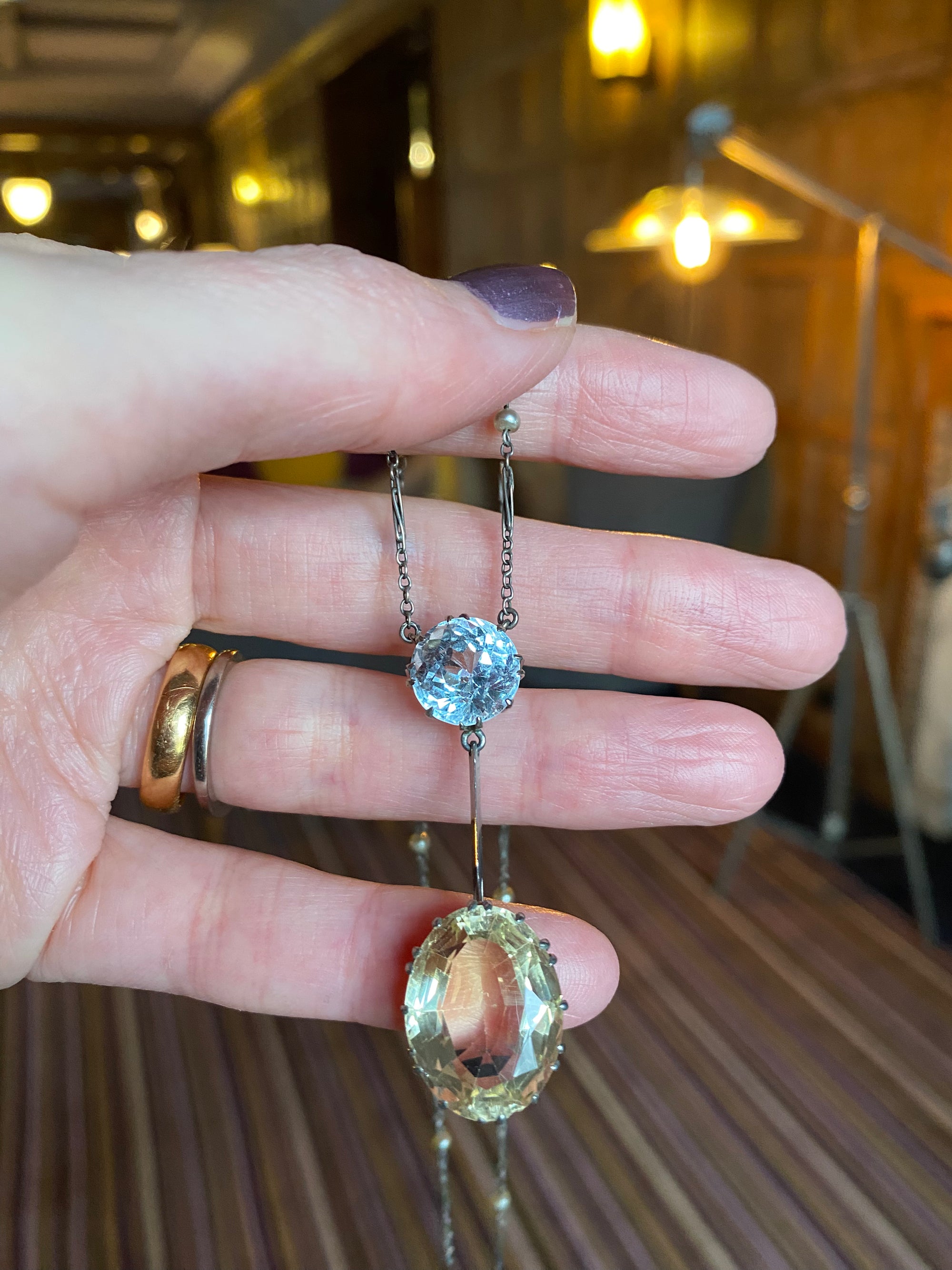 Edwardian 5.00 Carat Blue Zircon, 10.00 Carat Citrine and Seed Pearl Lavaliere Necklace