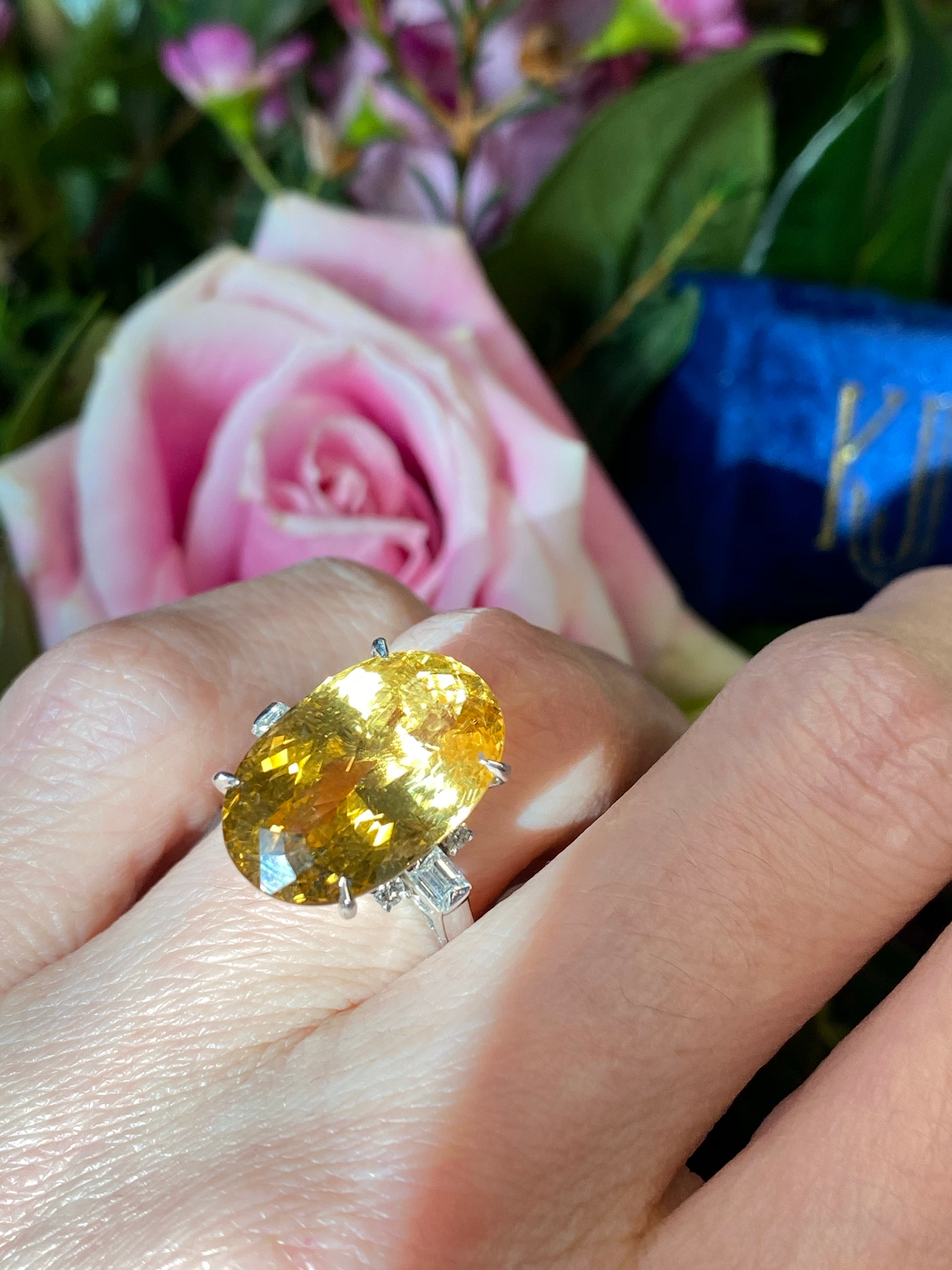 10.08 Carat Oval Cut Golden Heliodor and Diamond Ring in Platinum