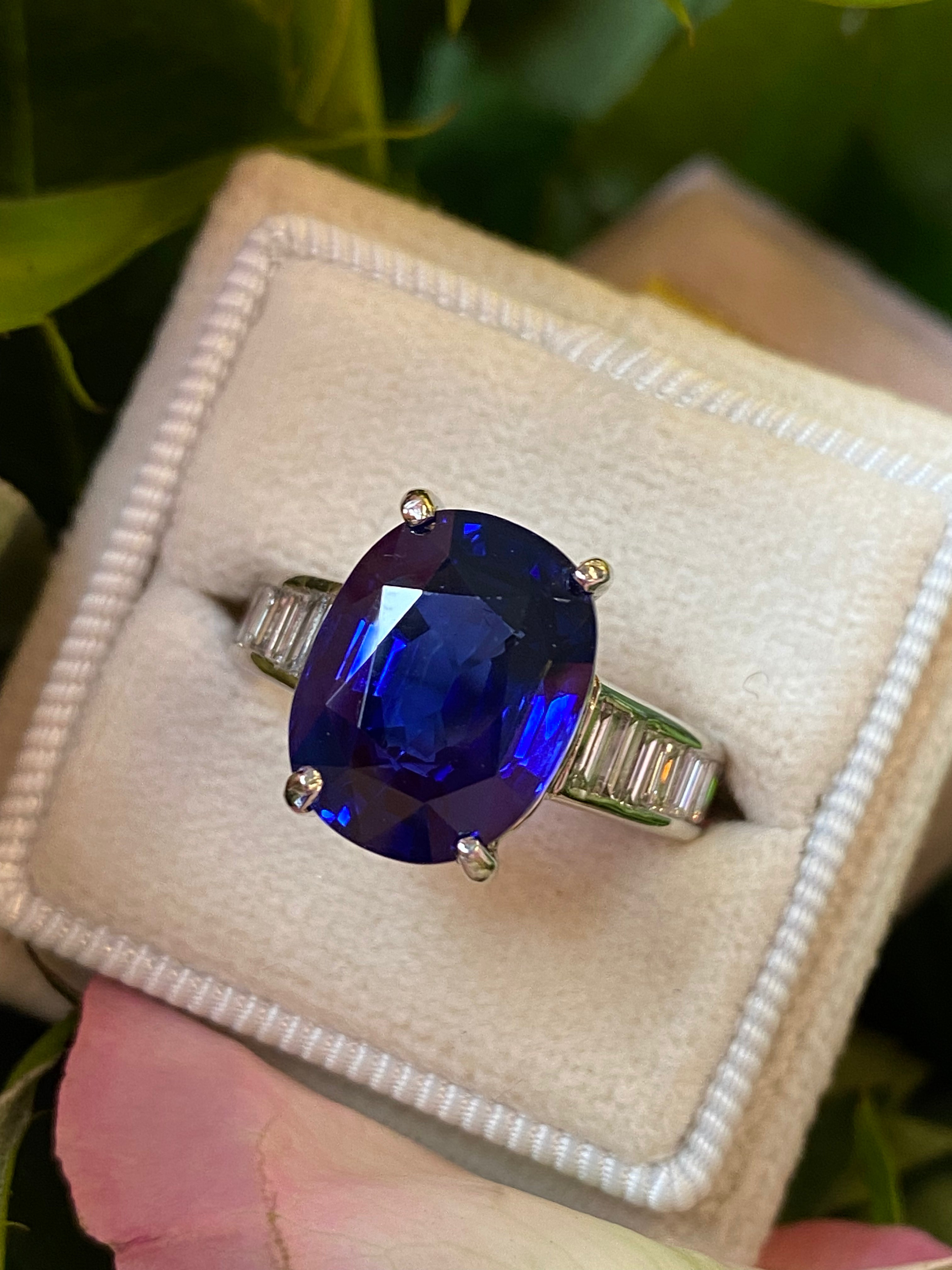 Oval Cut Blue Ceylon Sapphire Unheated and Diamond Art Deco Style Engagement Ring in Platinum 