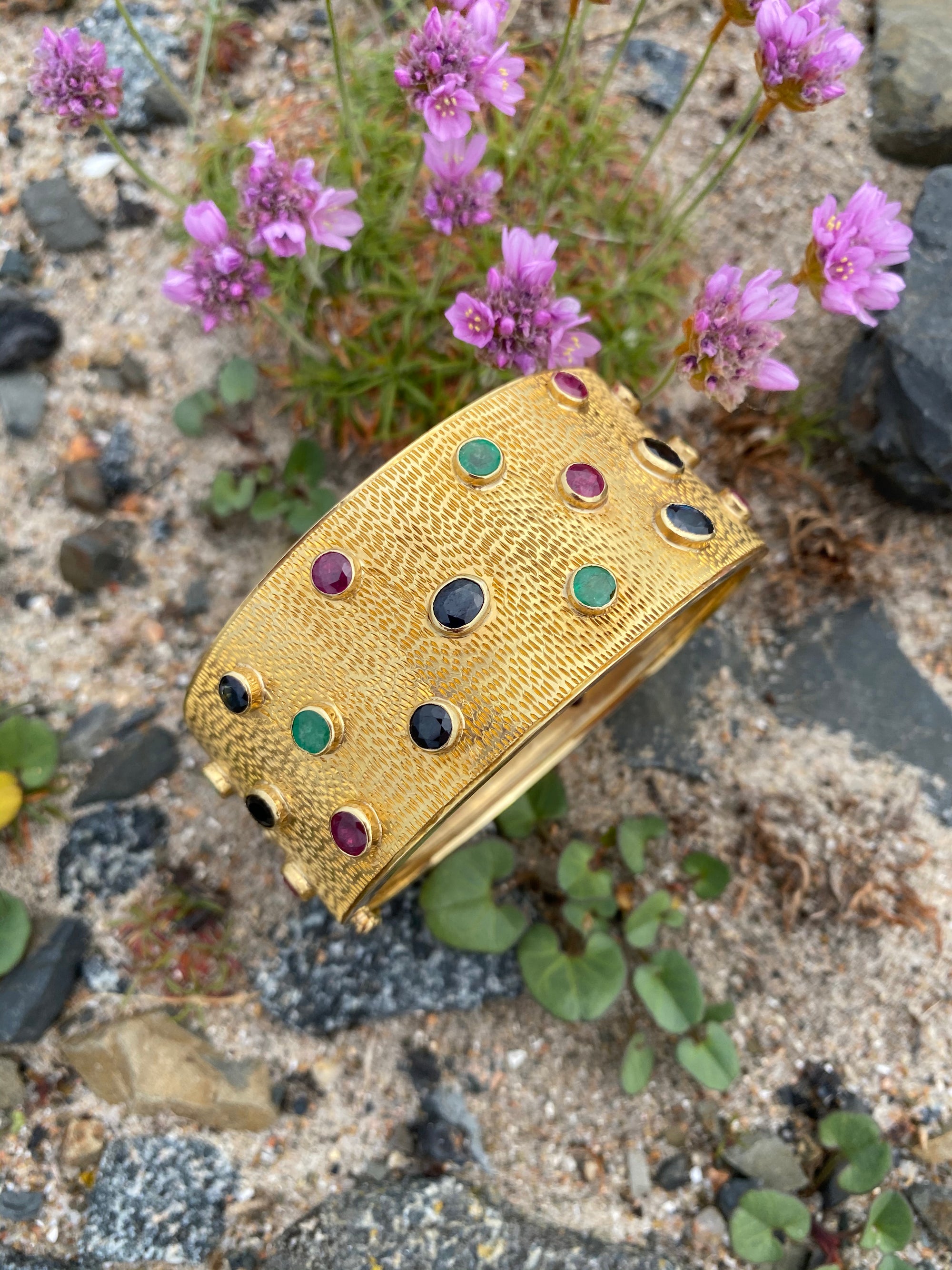 Vintage Ruby, Blue Sapphire and Emerald Bezel Set Cuff Bangle Bracelet in 18K Yellow Gold Vintage Ruby, Blue Sapphire and Emerald Bezel Set Cuff Bangle Bracelet in 18K Yellow Gold 