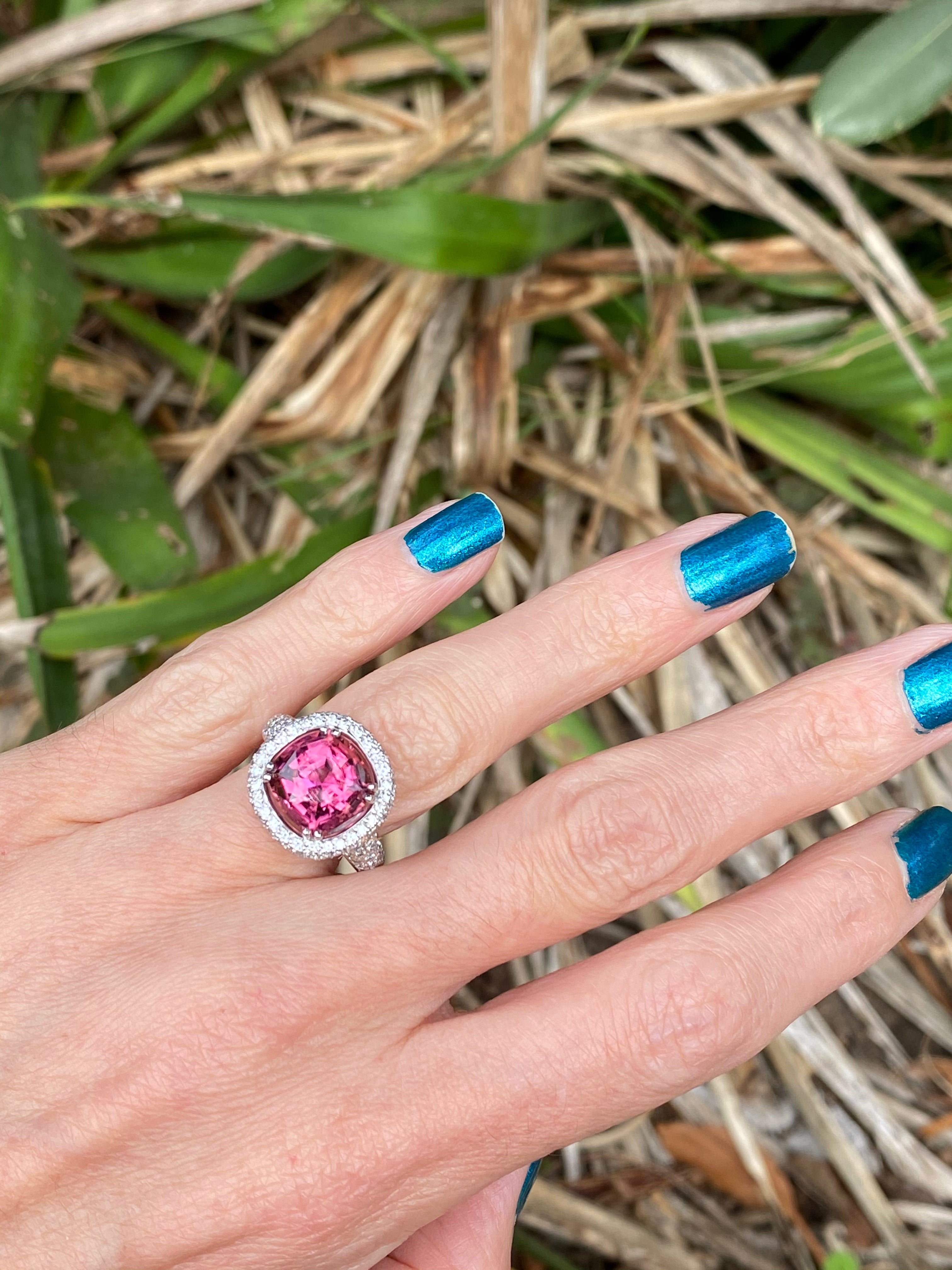 7.50 CTW Cushion Cut Pink Tourmaline and Diamond Halo Ring in 18ct White Gold