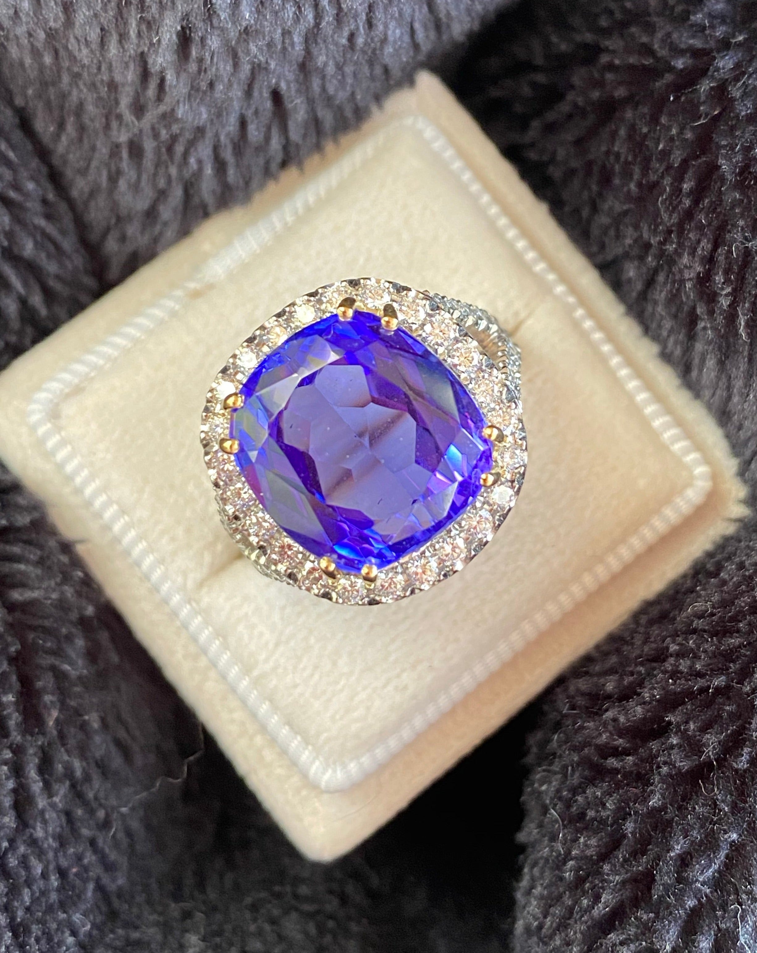 12 Carat Cushion Cut Tanzanite and Diamond Cocktail Engagement Ring in White Gold 