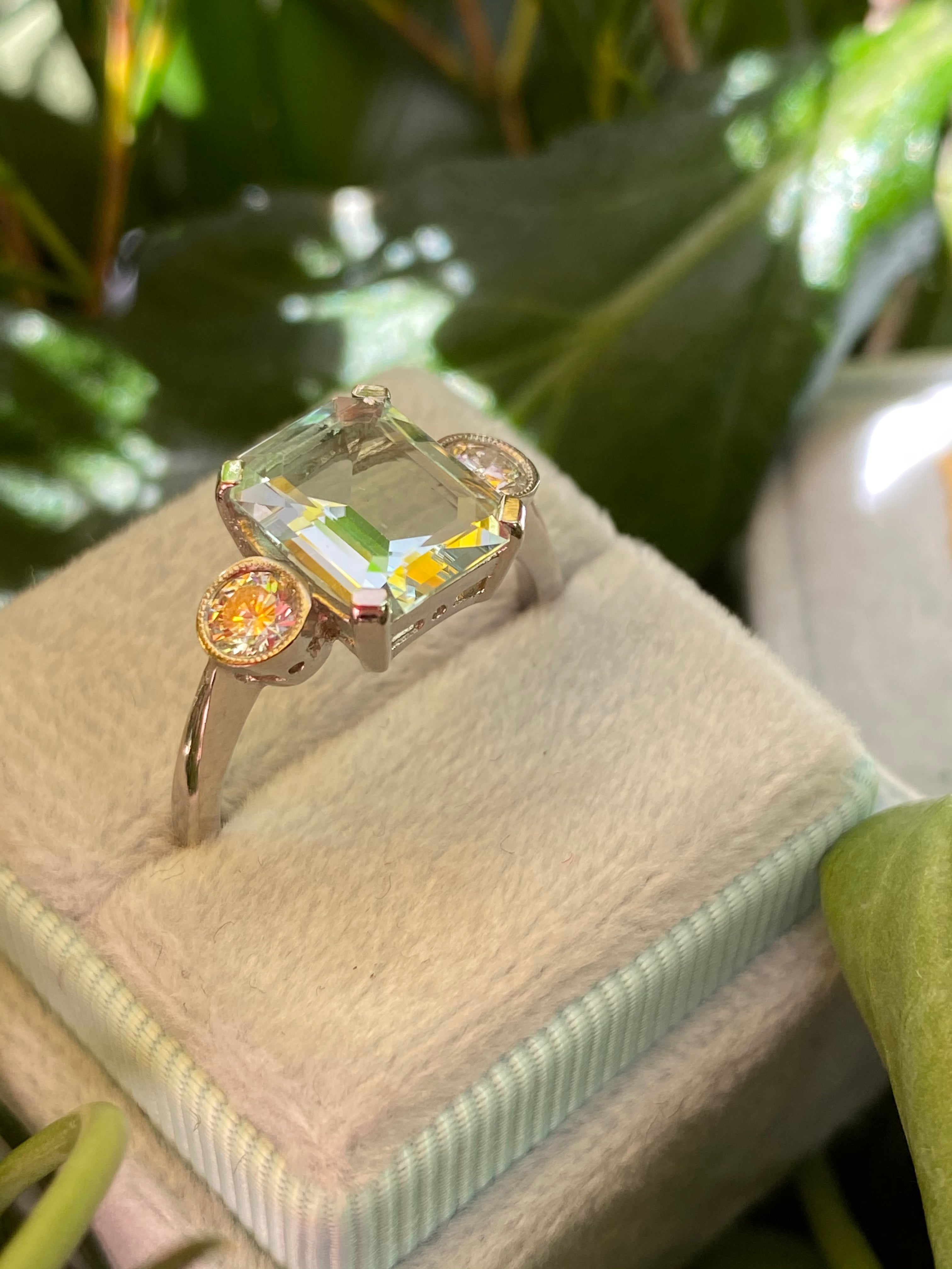 2.75 Carat Emerald Cut Aquamarine and Diamond Three Stone in Platinum