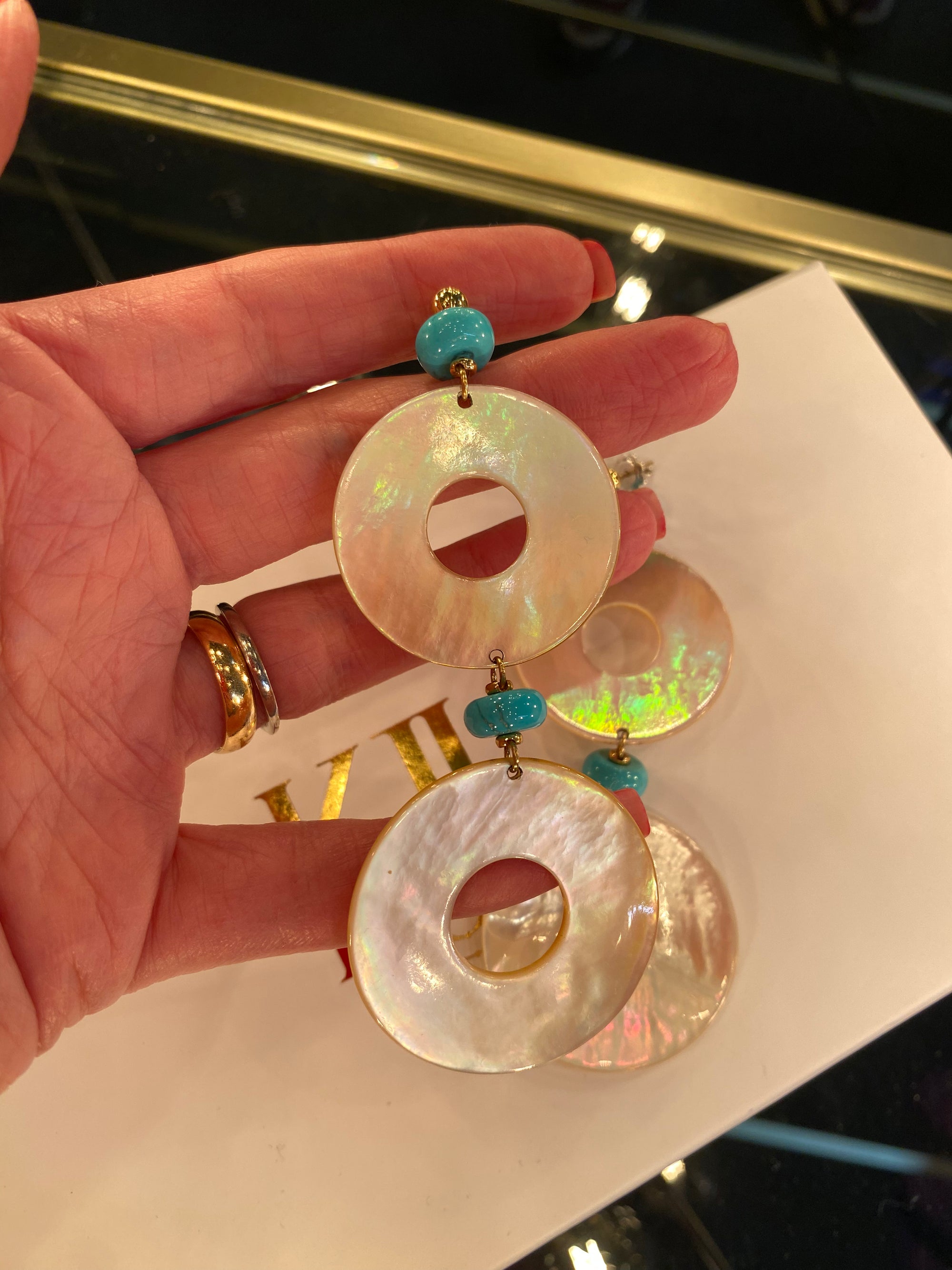 Huge Statement Turquoise and Mother of Pearl Drop Earrings in 18ct Yellow Gold