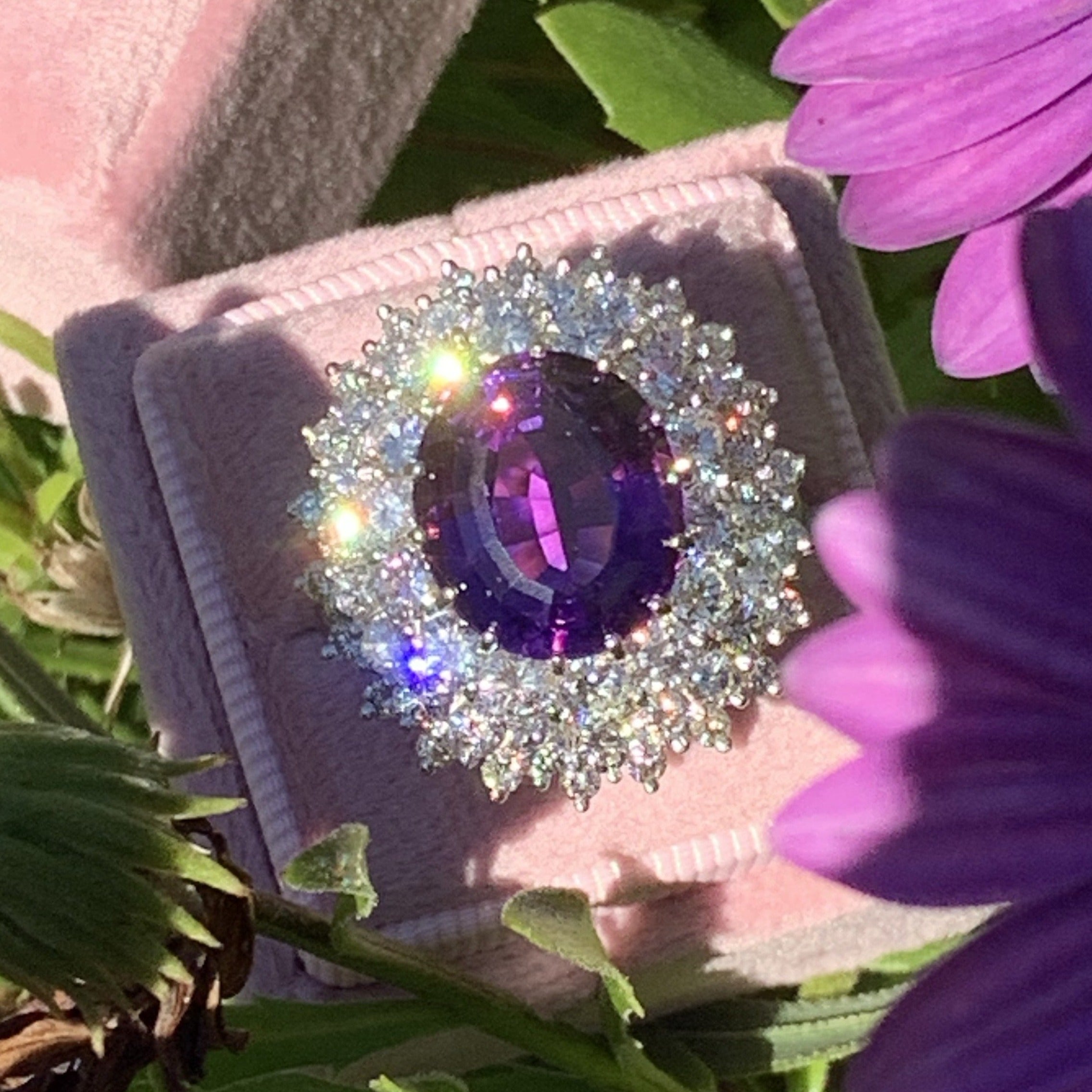 7.30 Carat Oval Cut Amethyst and Diamond Halo Ring in 18ct White Gold