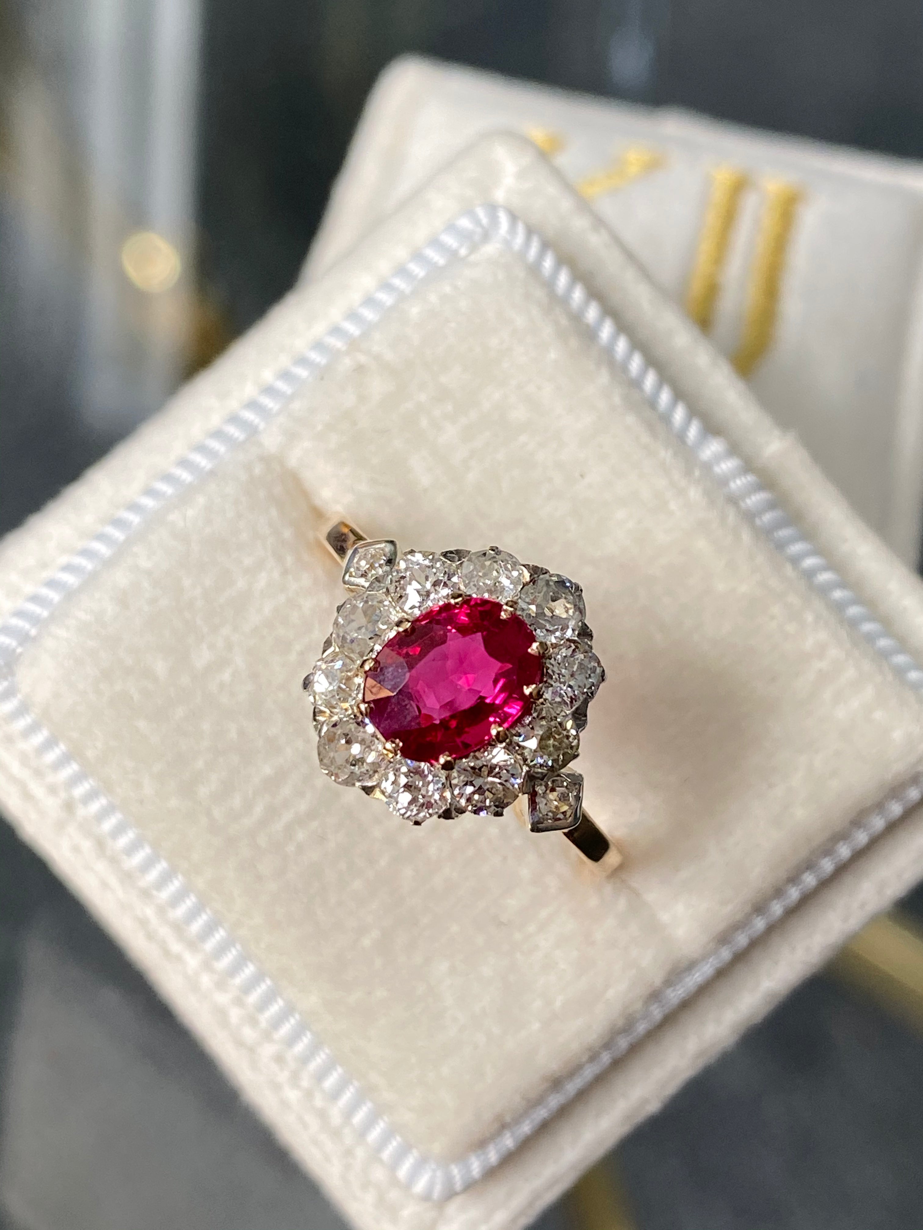 1.18 Carat Antique Ruby and Diamond Halo Engagement Ring in 18ct Yellow Gold