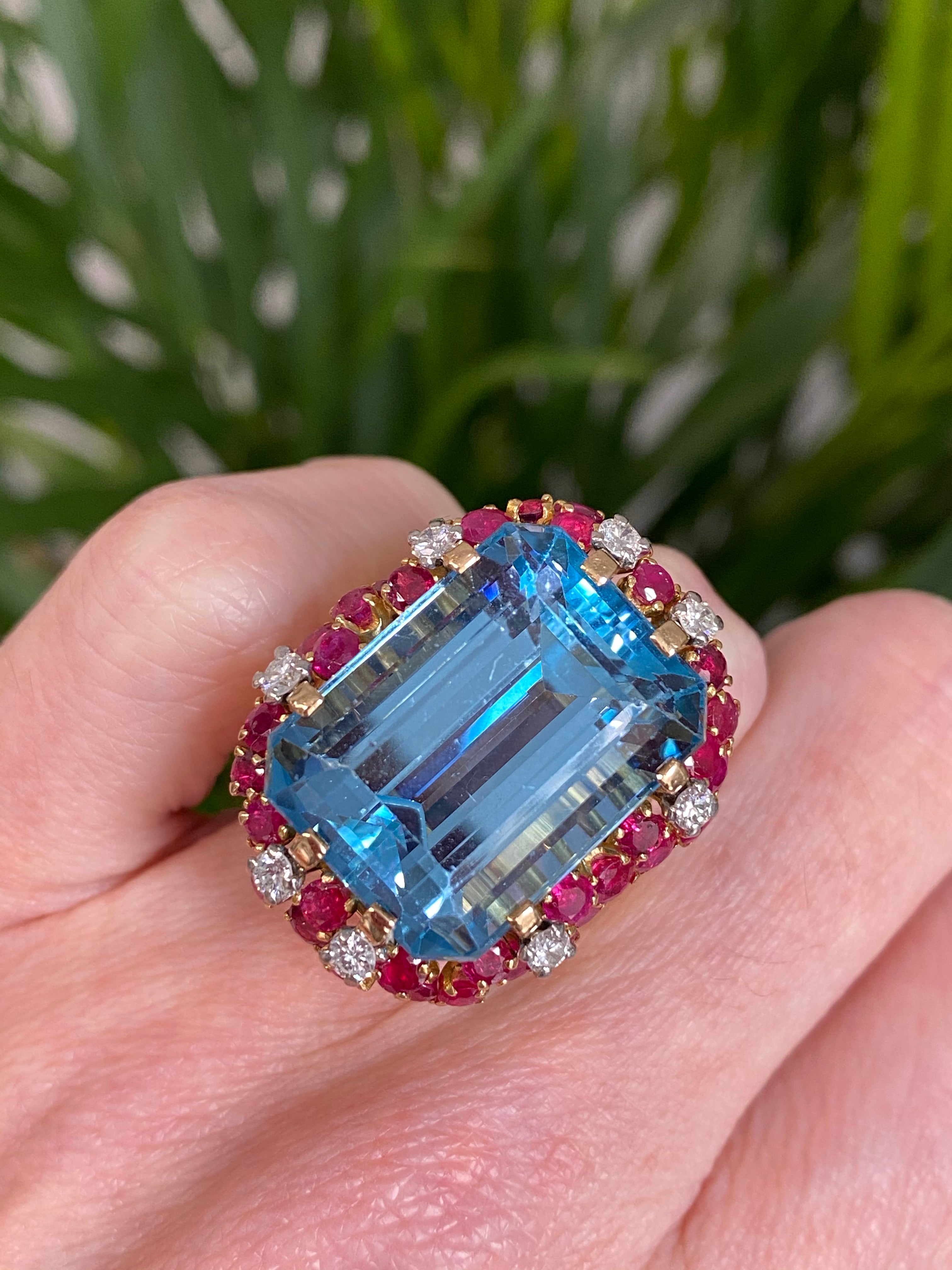 35.00 CTW Mellerio Aquamarine, Ruby, and Diamond Vintage Cocktail Ring in 18ct Yellow Gold