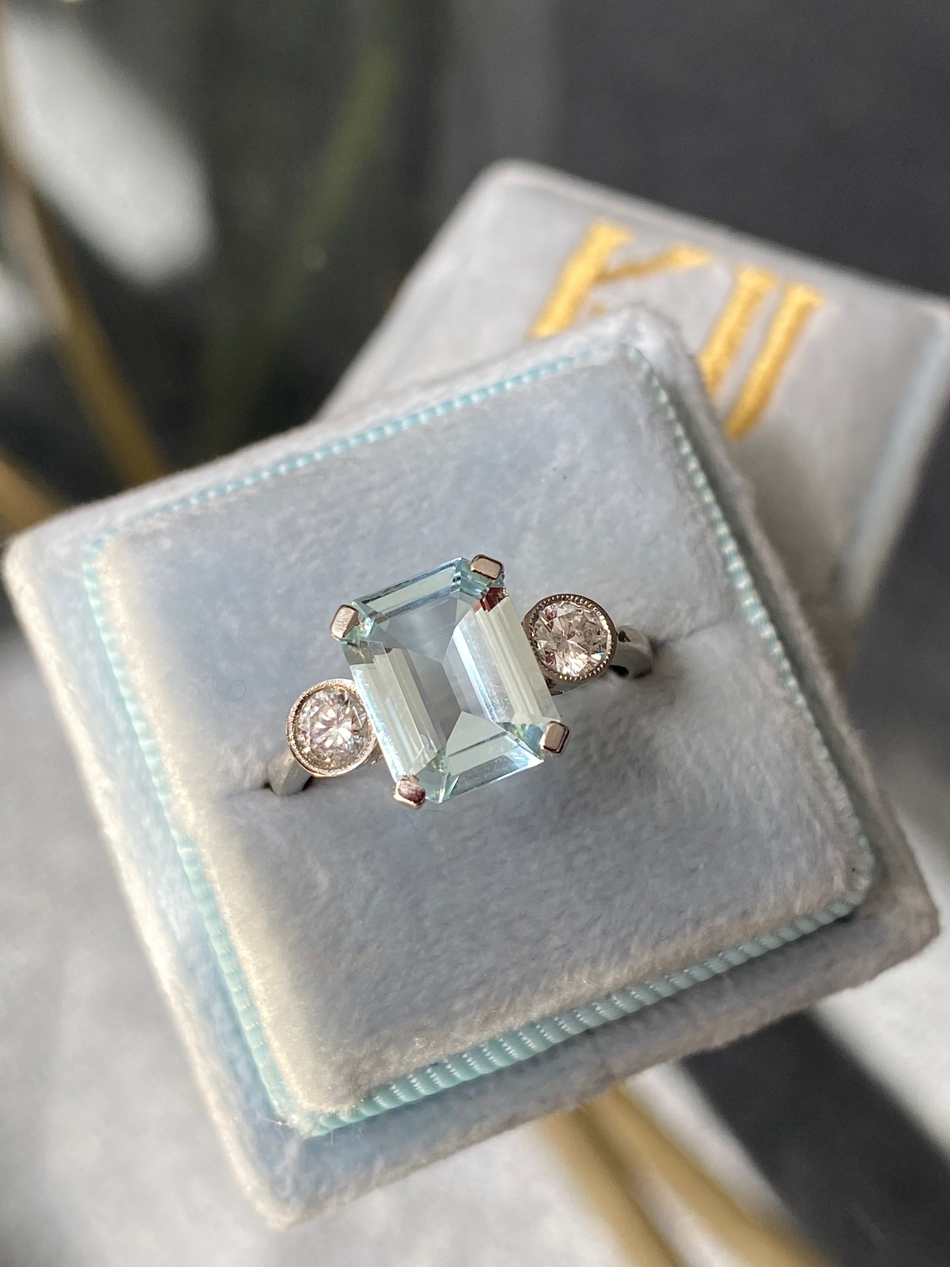 2.75 Carat Emerald Cut Aquamarine and Diamond Three Stone Ring in Platinum 