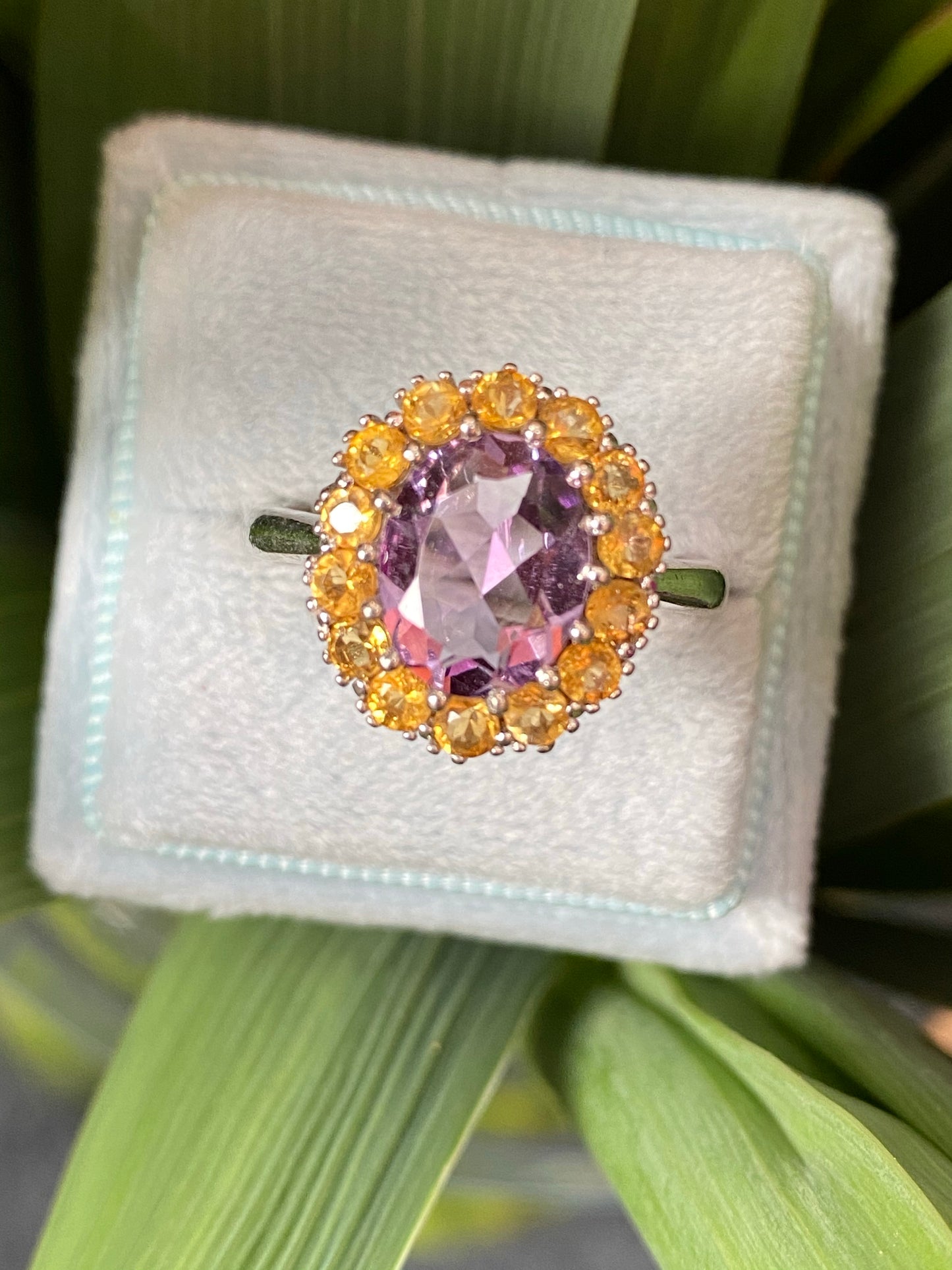 Oval-Cut Citrine and Amethyst Halo Cocktail Ring in Sterling Silver
