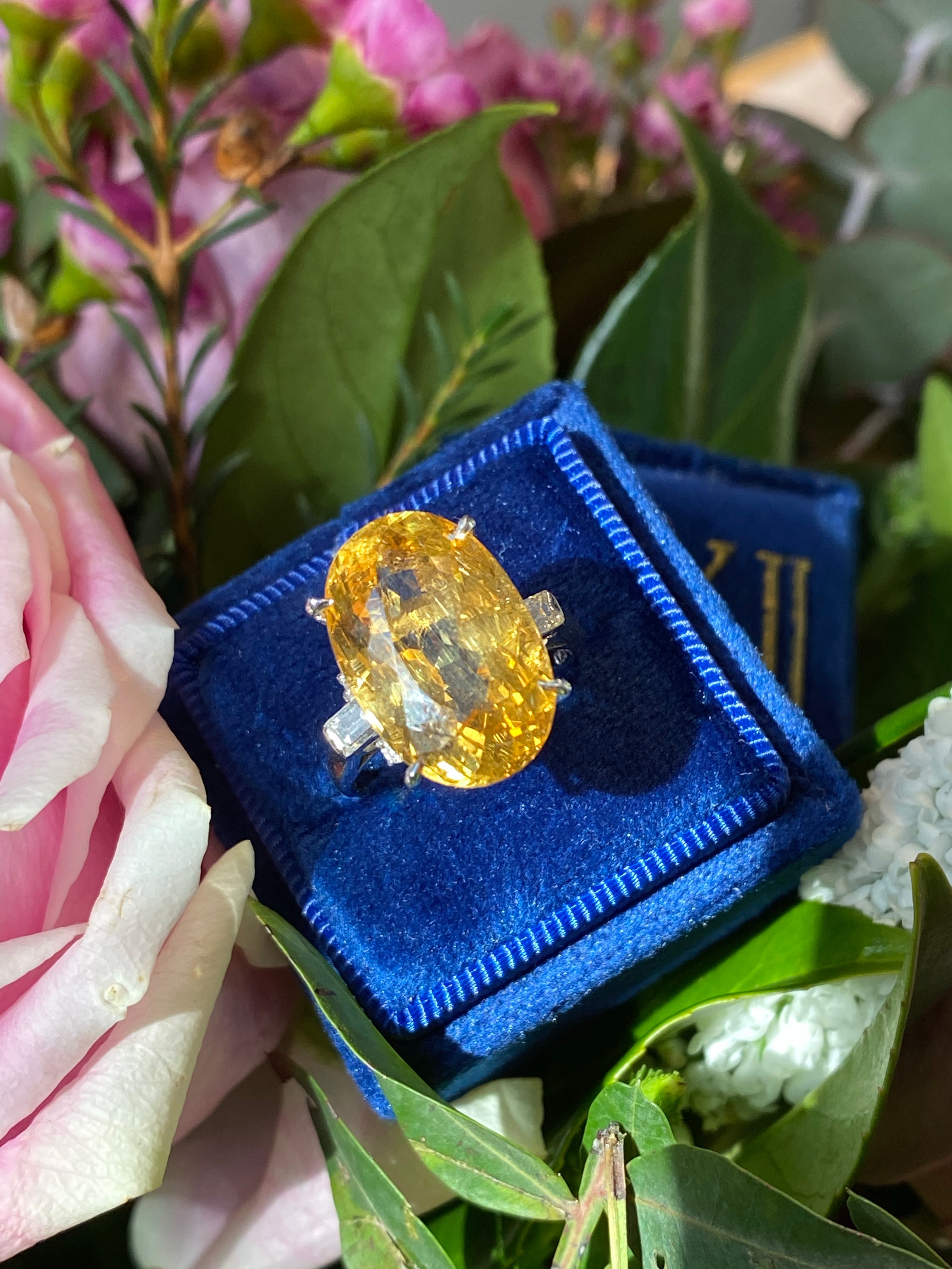 10.08 Carat Oval Cut Golden Heliodor and Diamond Ring in Platinum