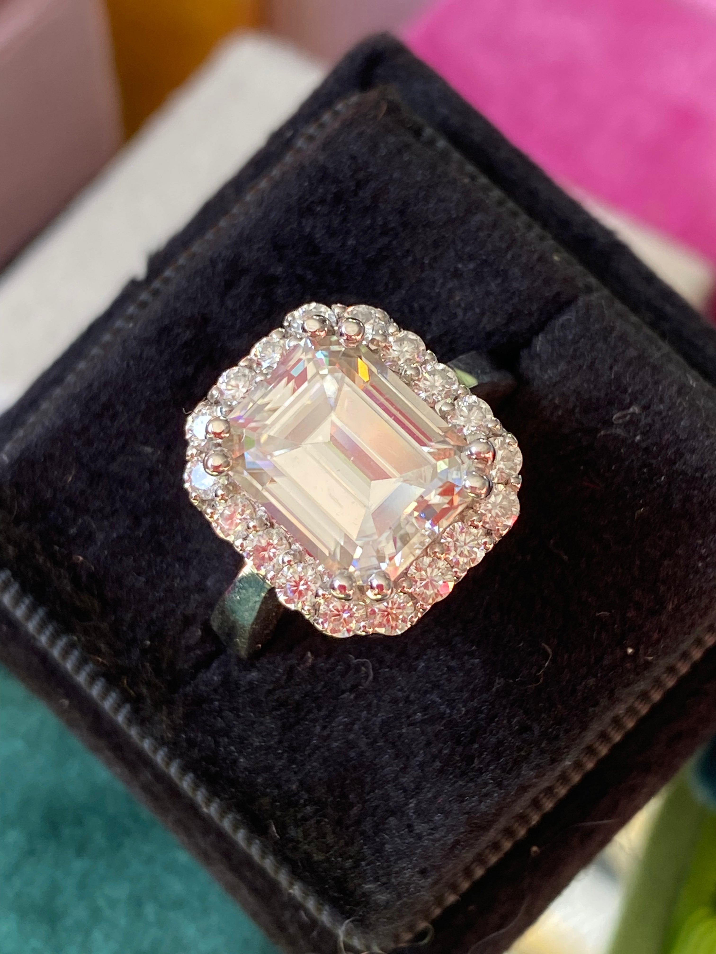 4 Carat Emerald Cut Moissanite Halo Engagement Ring Katherine James Jewellery 