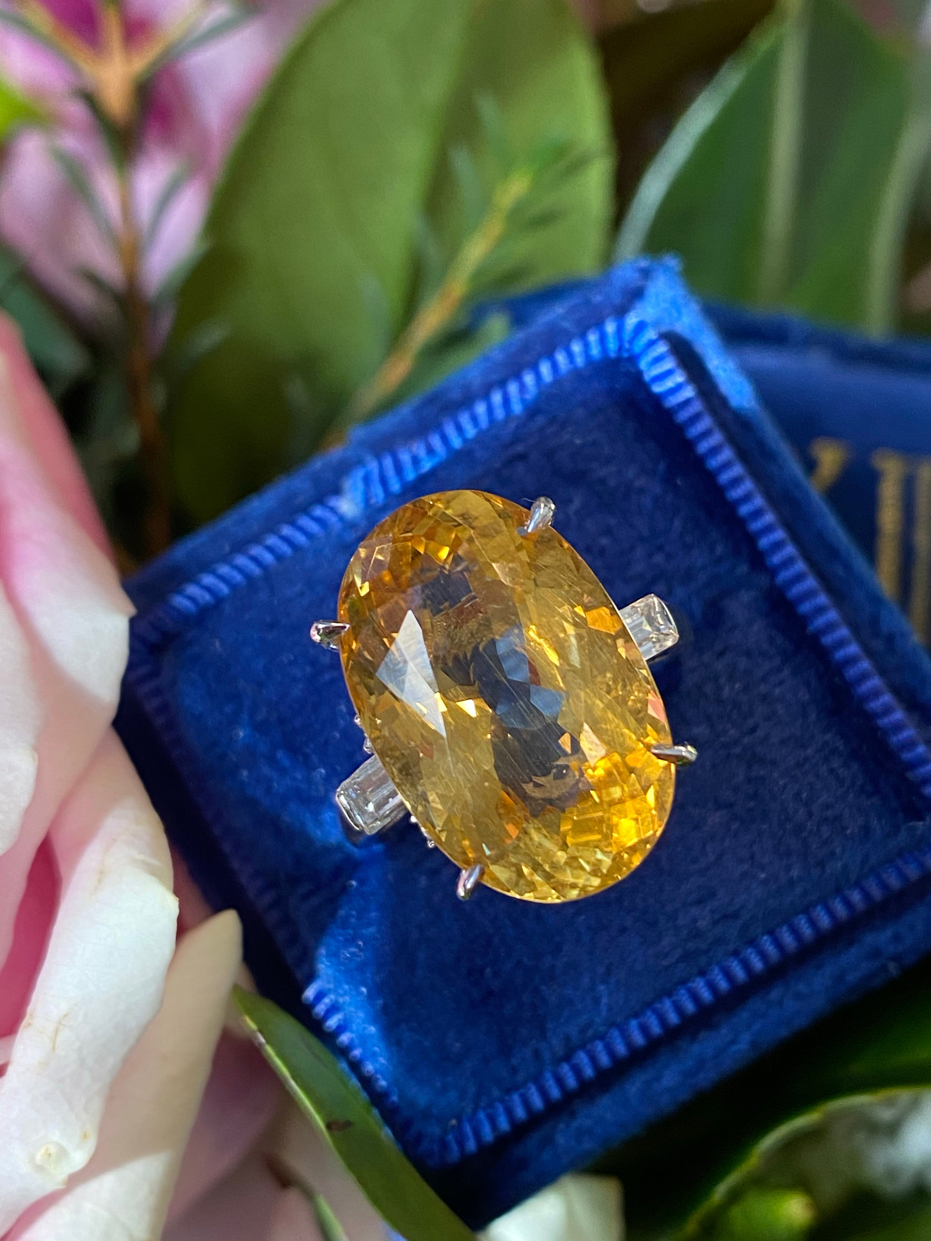 Golden Heliodor and Diamond Cocktail Ring in Platinum 