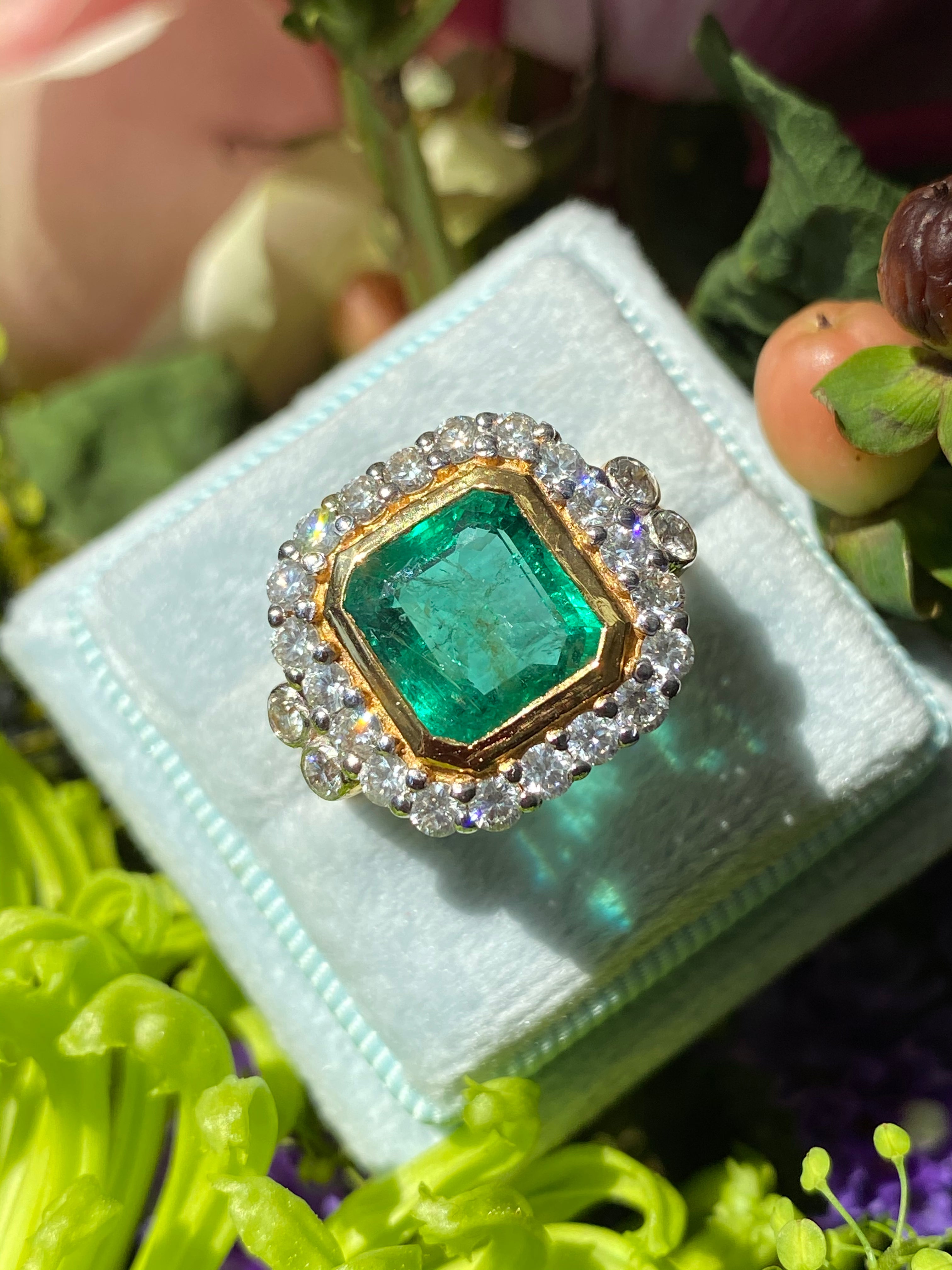 3.00 Carat Colombian Emerald and Diamond Halo Engagement Ring in 18ct White and Yellow Gold