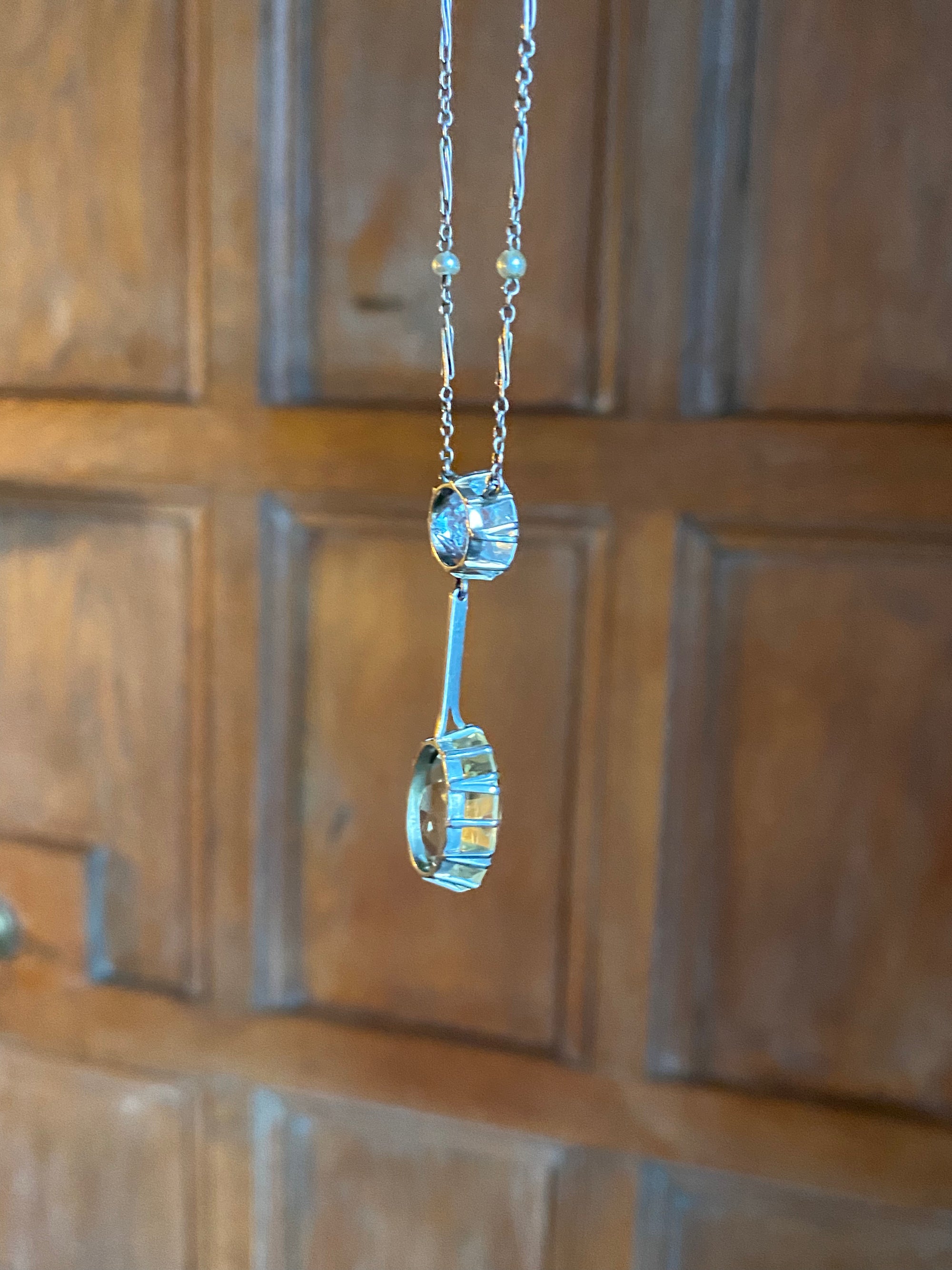 Edwardian 5.00 Carat Blue Zircon, 10.00 Carat Citrine and Seed Pearl Lavaliere Necklace