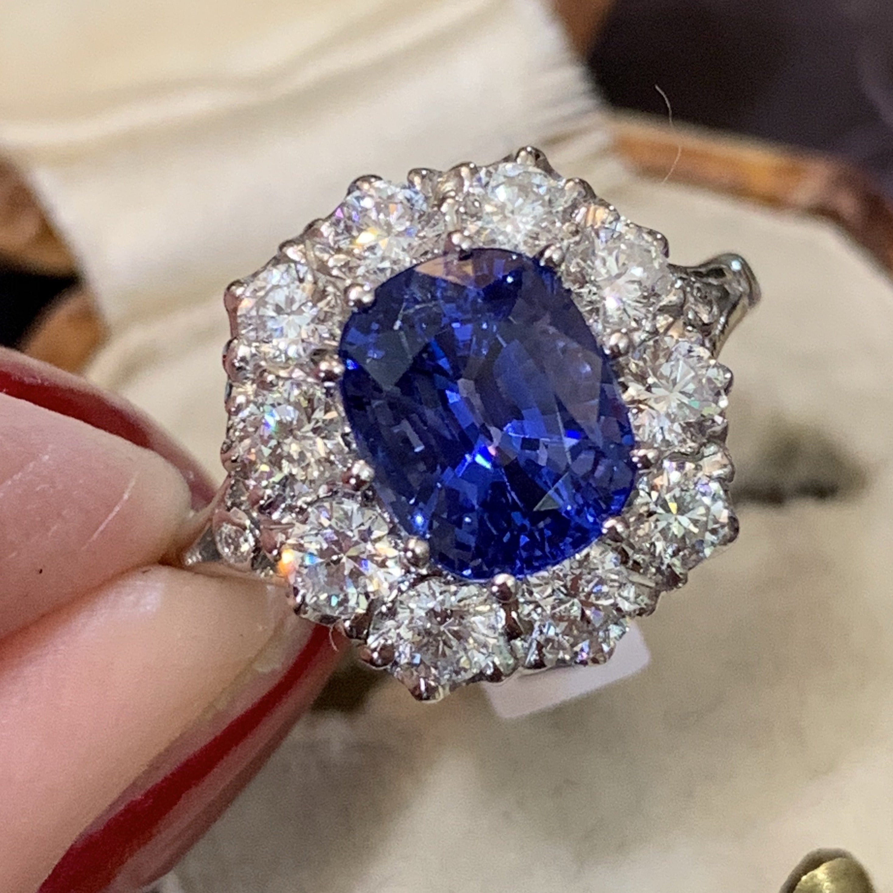 4.00 Carat Blue Ceylon Sapphire and Diamond Halo Ring in 18ct White Gold