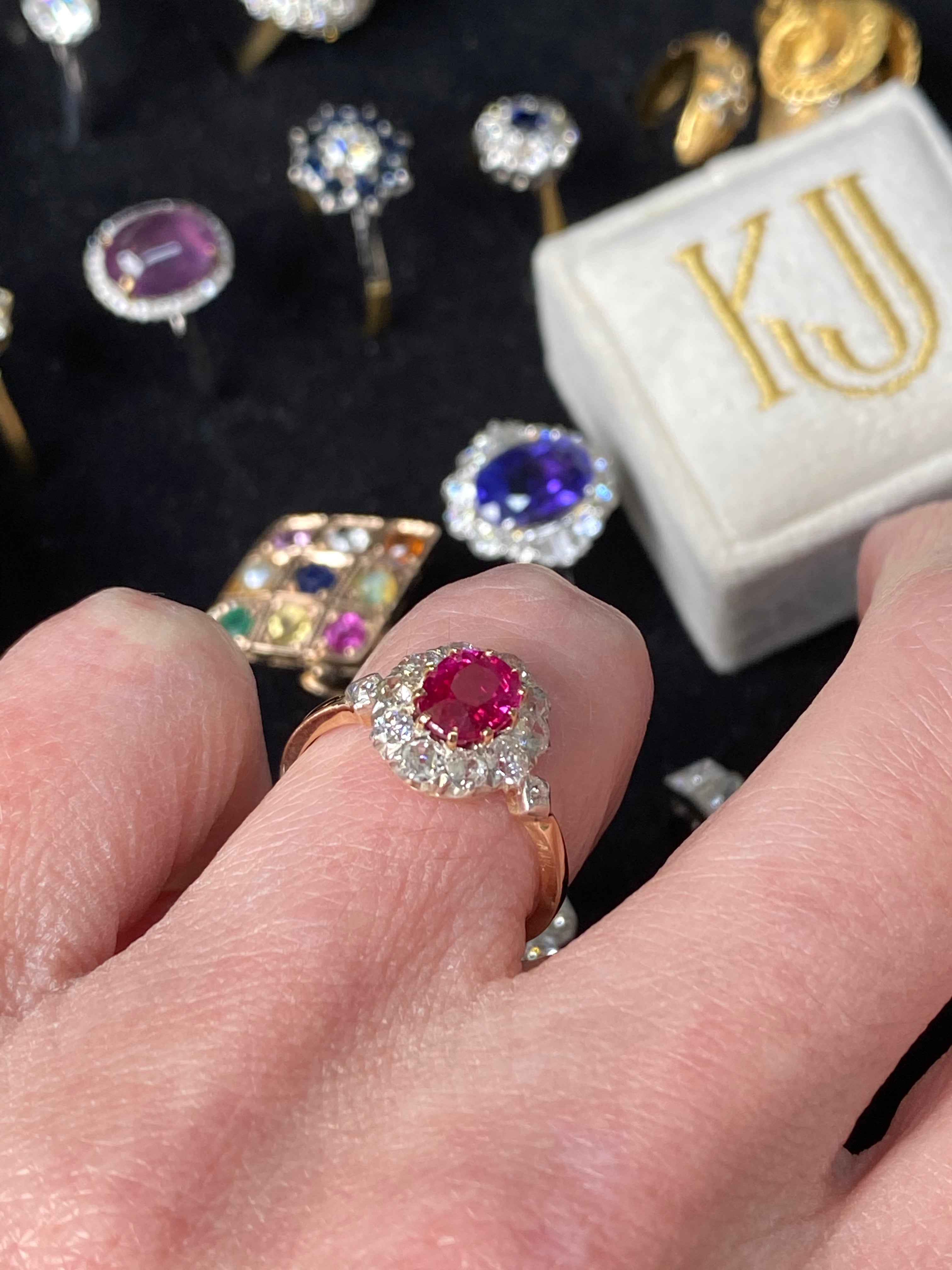 1.18 Carat Antique Ruby and Diamond Halo Engagement Ring in 18ct Yellow Gold