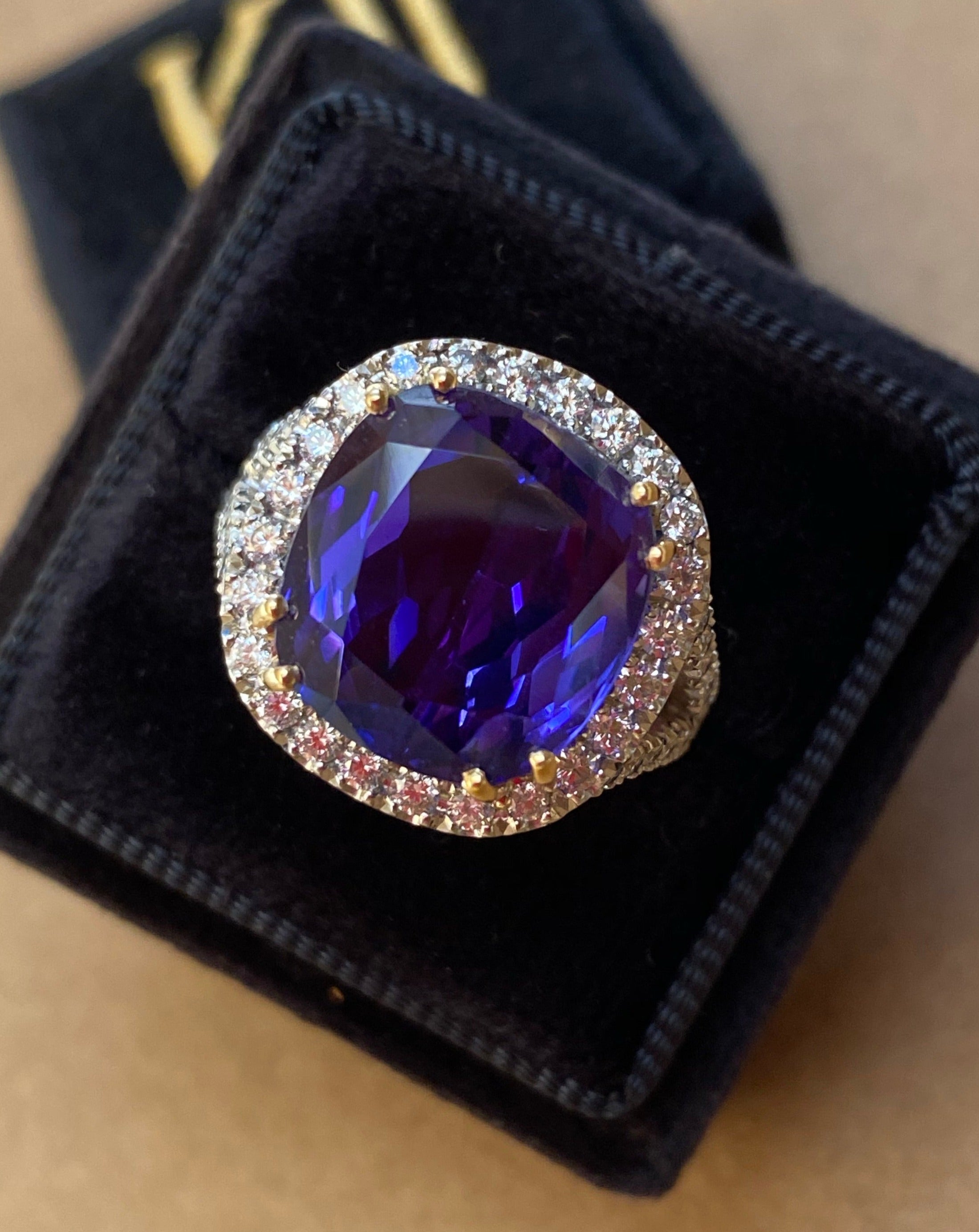 12 Carat Cushion Cut Tanzanite and Diamond Cocktail Engagement Ring in White Gold 