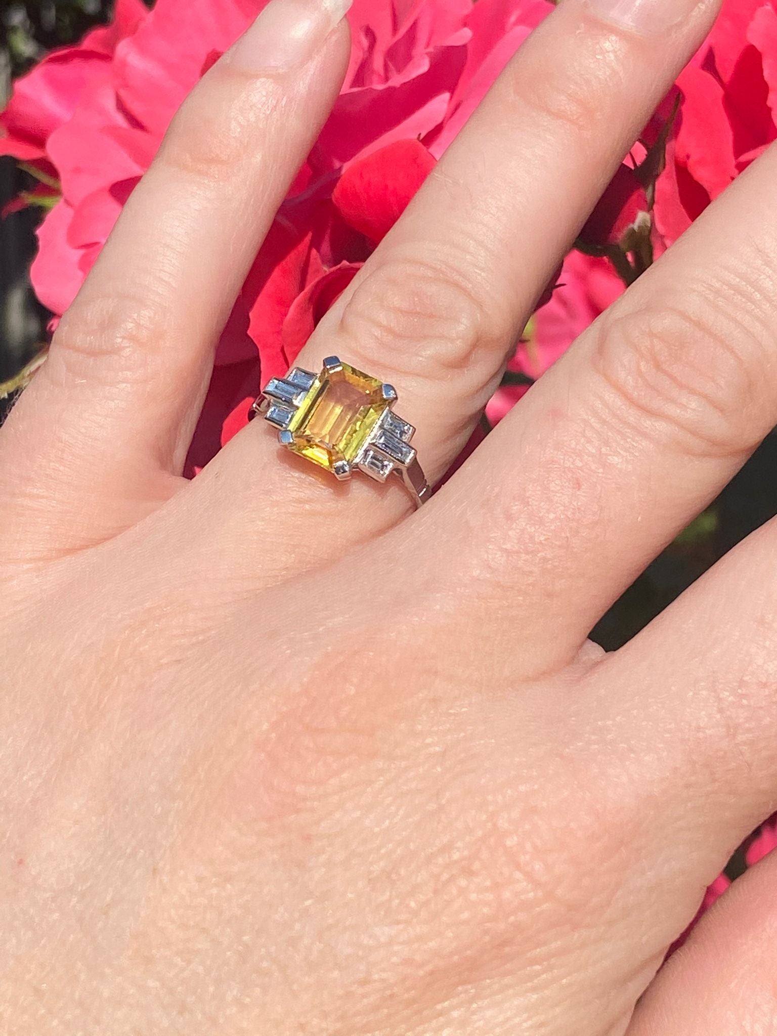 3.00 Carat Yellow Sapphire and Diamond Art Deco Engagement Ring in Platinum 