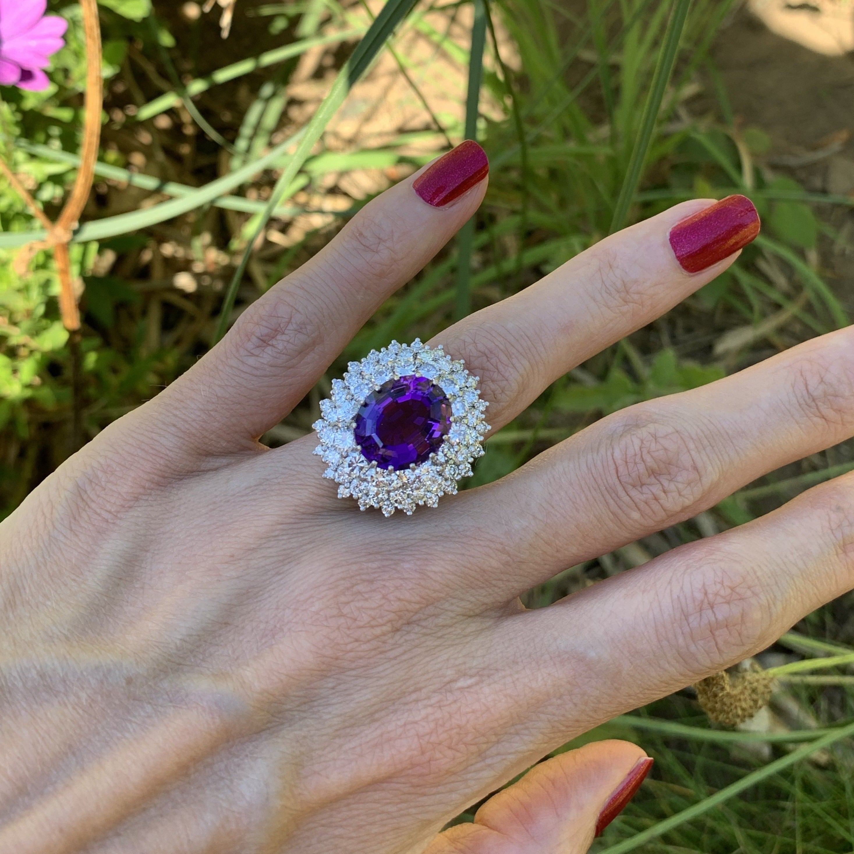 7.30 Carat Oval Cut Amethyst and Diamond Halo Ring in 18ct White Gold