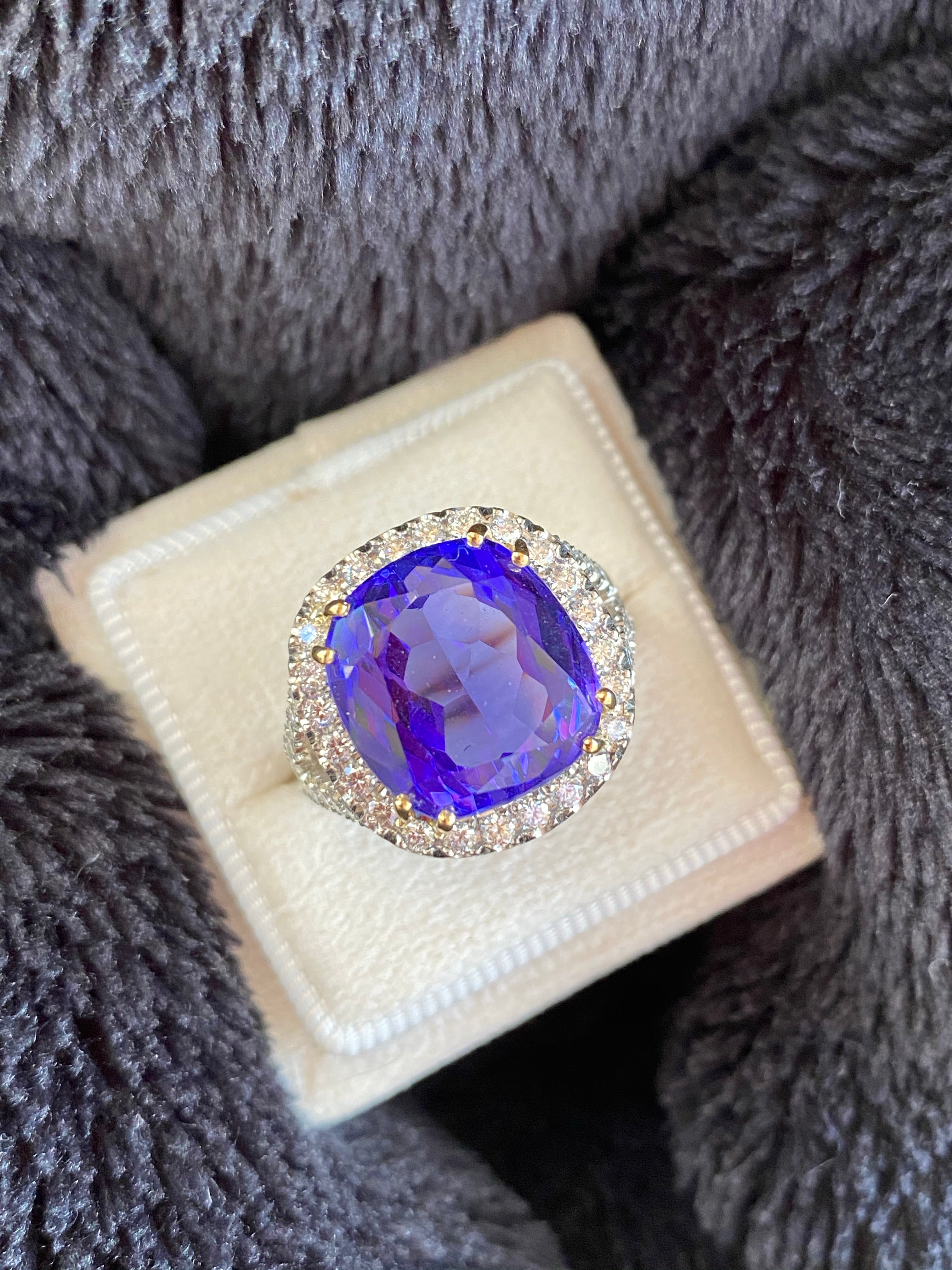 12 Carat Cushion Cut Tanzanite and Diamond Cocktail Engagement Ring in White Gold 