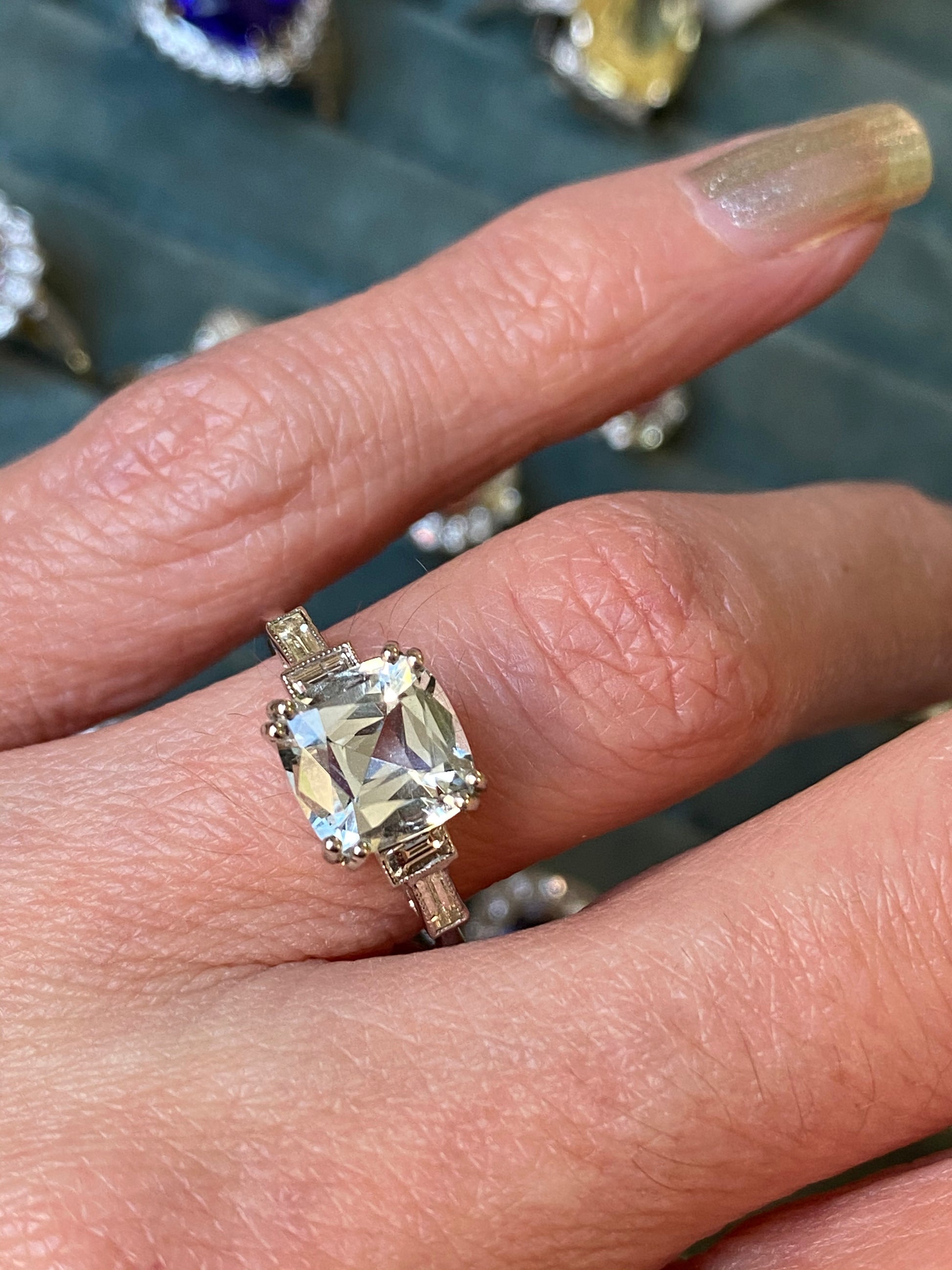 Cushion cut aquamarine and diamond ring discount