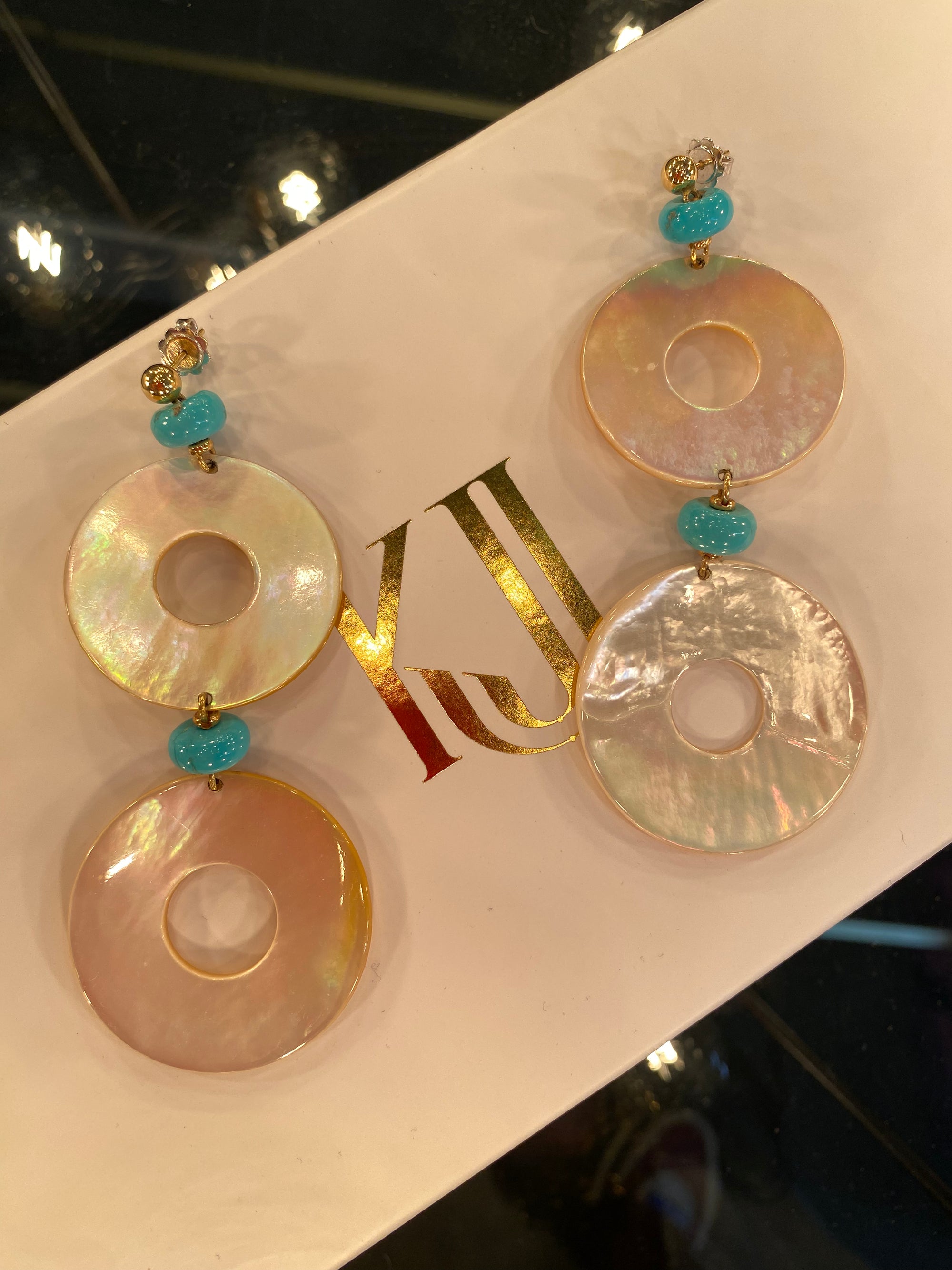 Huge Statement Turquoise and Mother of Pearl Drop Earrings in 18ct Yellow Gold