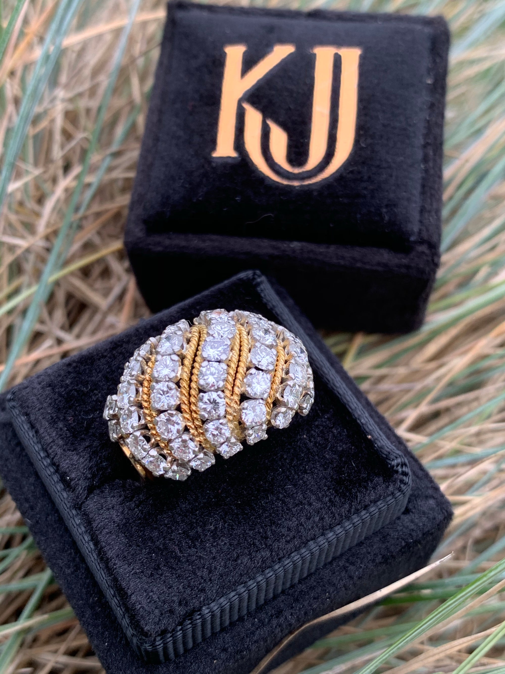 Vintage Vourakis Diamond Bombe Ring in Platinum and 18K Yellow Gold