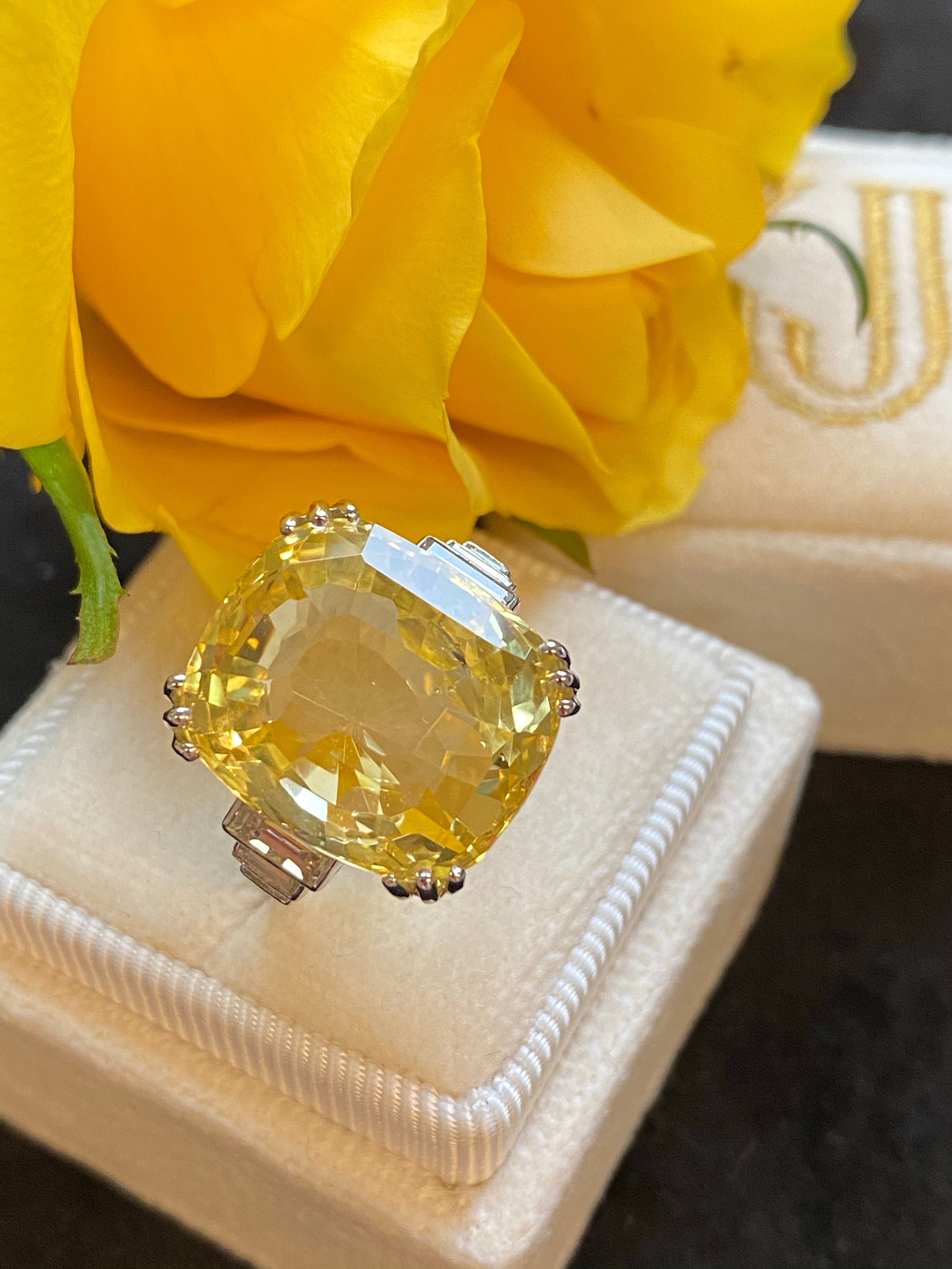 19.60 Carat Certified Unheated Yellow Sapphire and Diamond Art Deco Ring