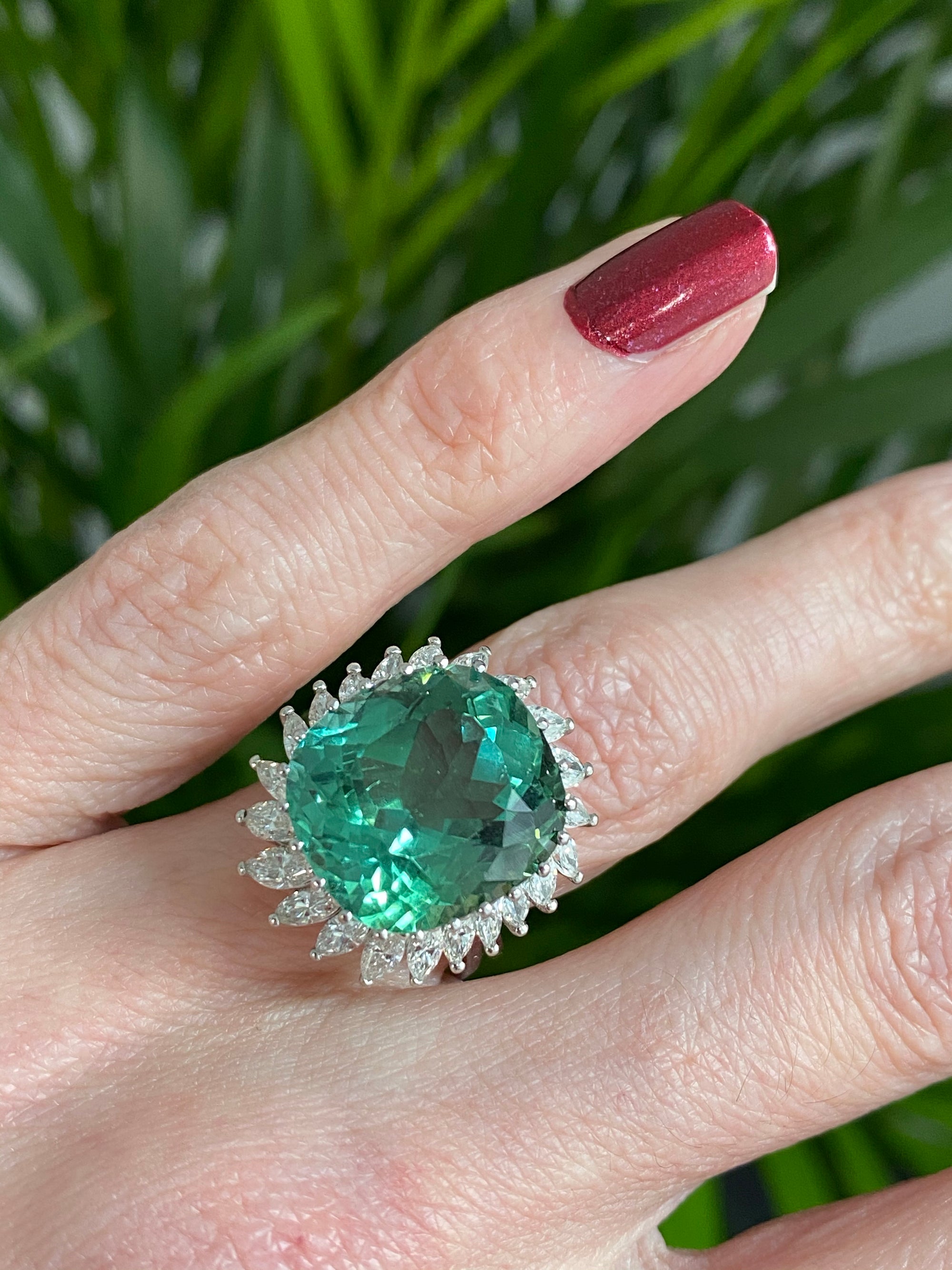 15.98 CTW Cushion Cut Green Tourmaline and Diamond Halo Ring in 18ct White Gold