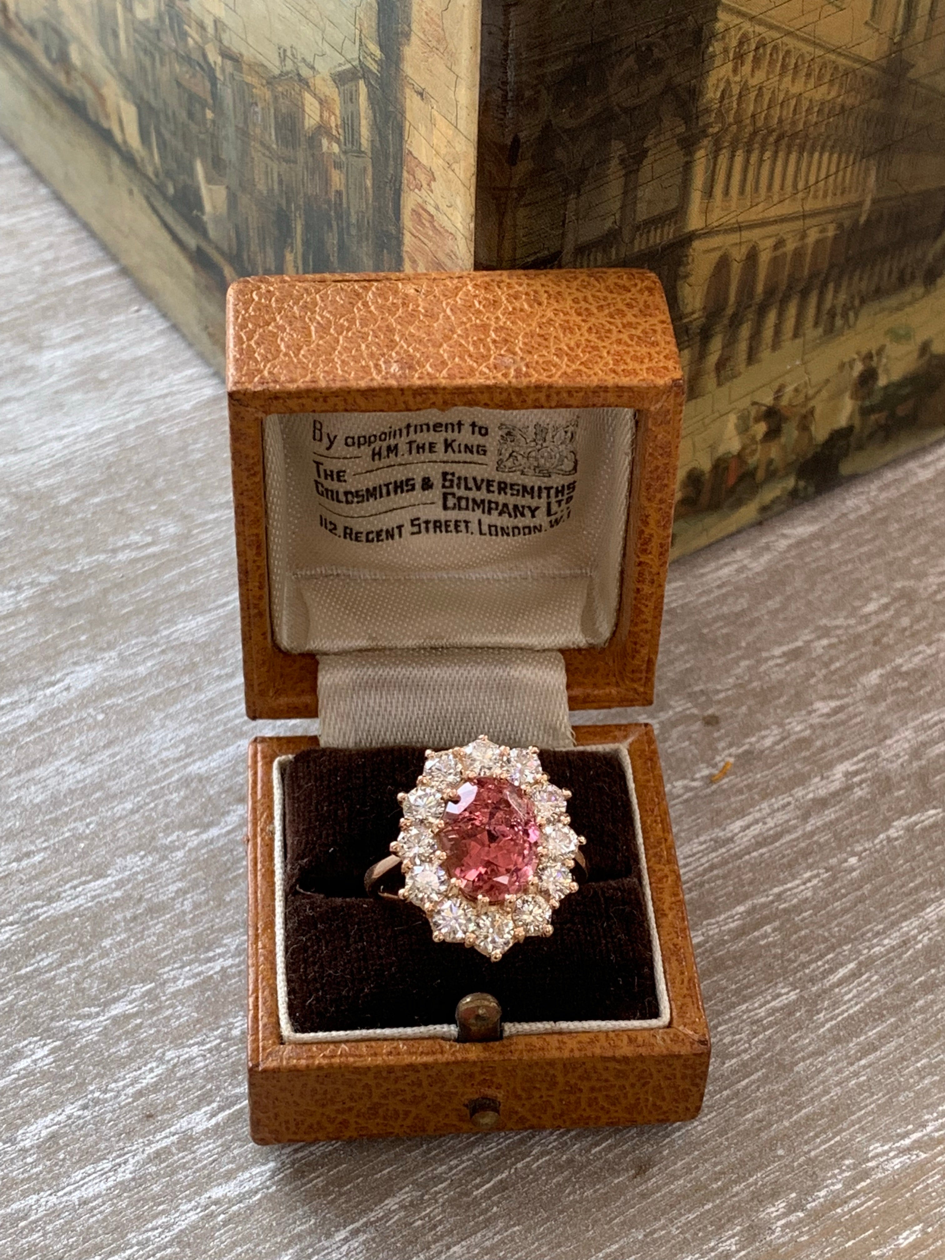 5.05 Carat Oval-Cut Pink Tourmaline and Diamond Halo Ring in 18K Rose Gold