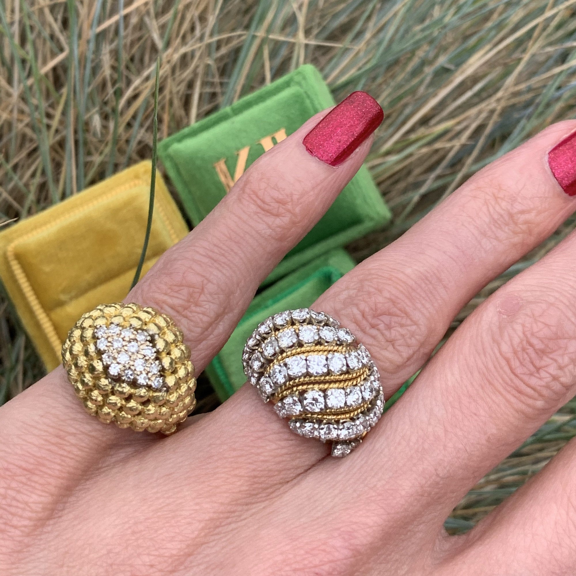 Vintage Vourakis Diamond Bombe Ring in Platinum and 18K Yellow Gold