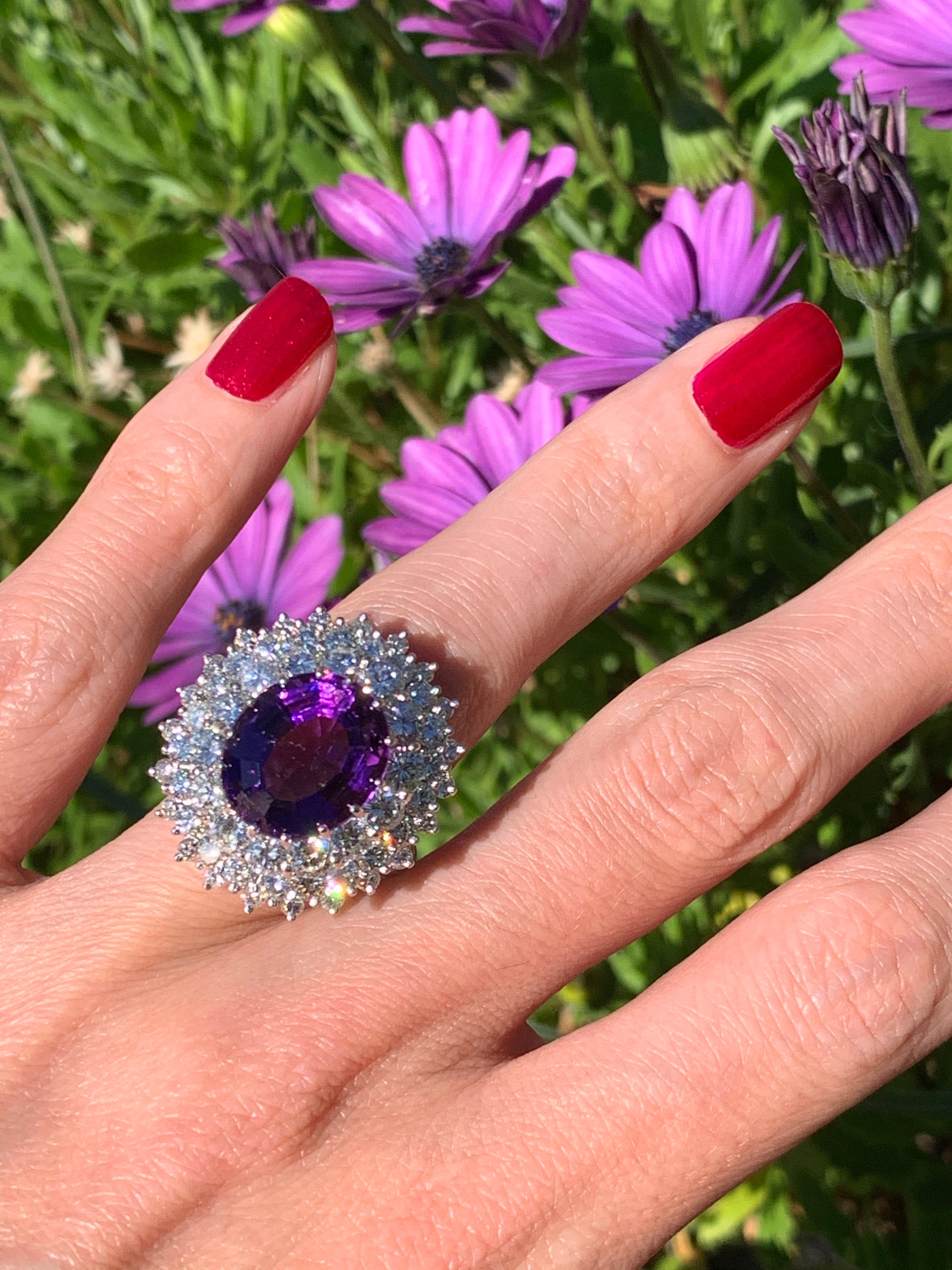 7.30 Carat Oval Cut Amethyst and Diamond Halo Ring in 18ct White Gold