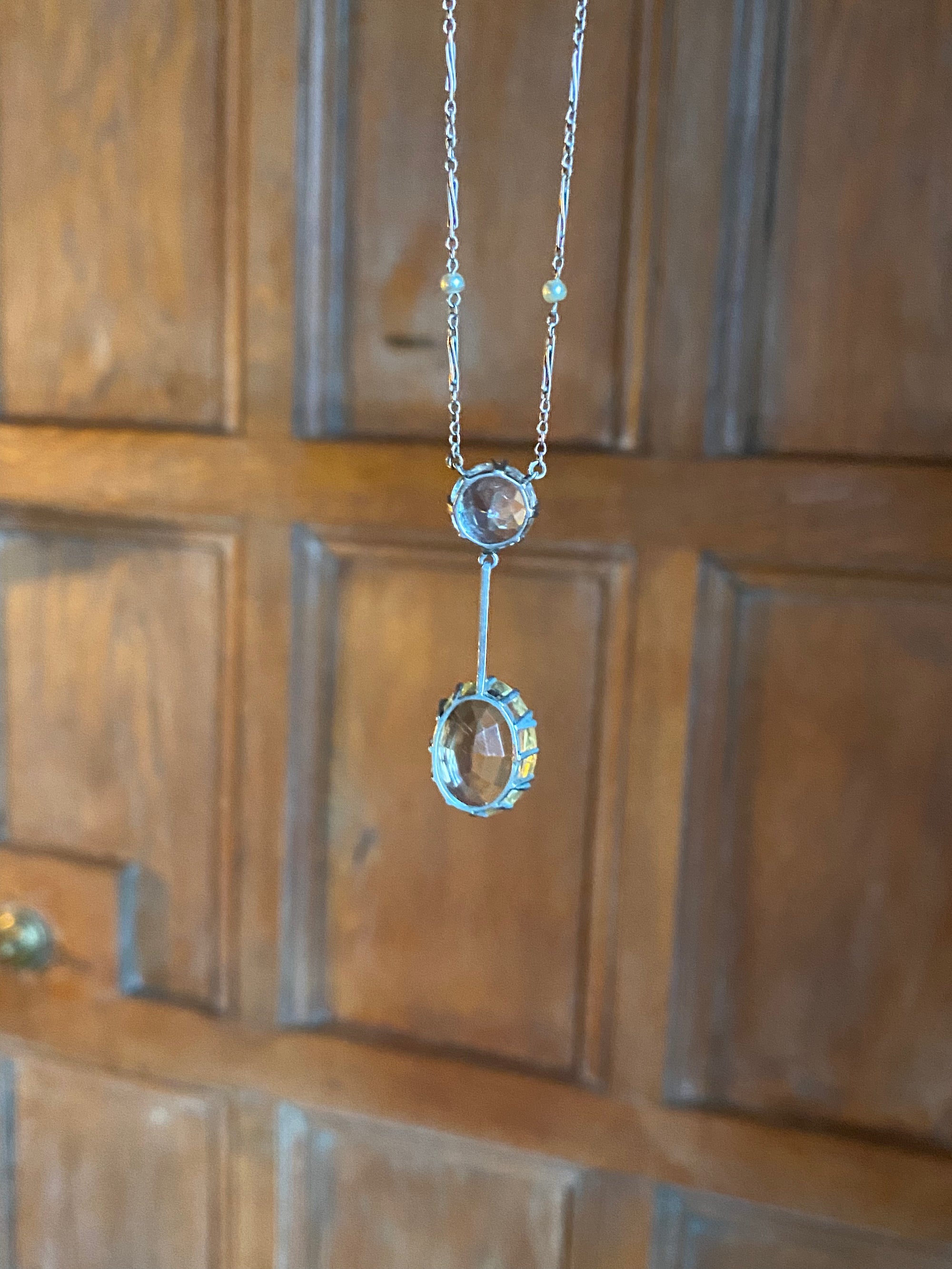 Edwardian 5.00 Carat Blue Zircon, 10.00 Carat Citrine and Seed Pearl Lavaliere Necklace