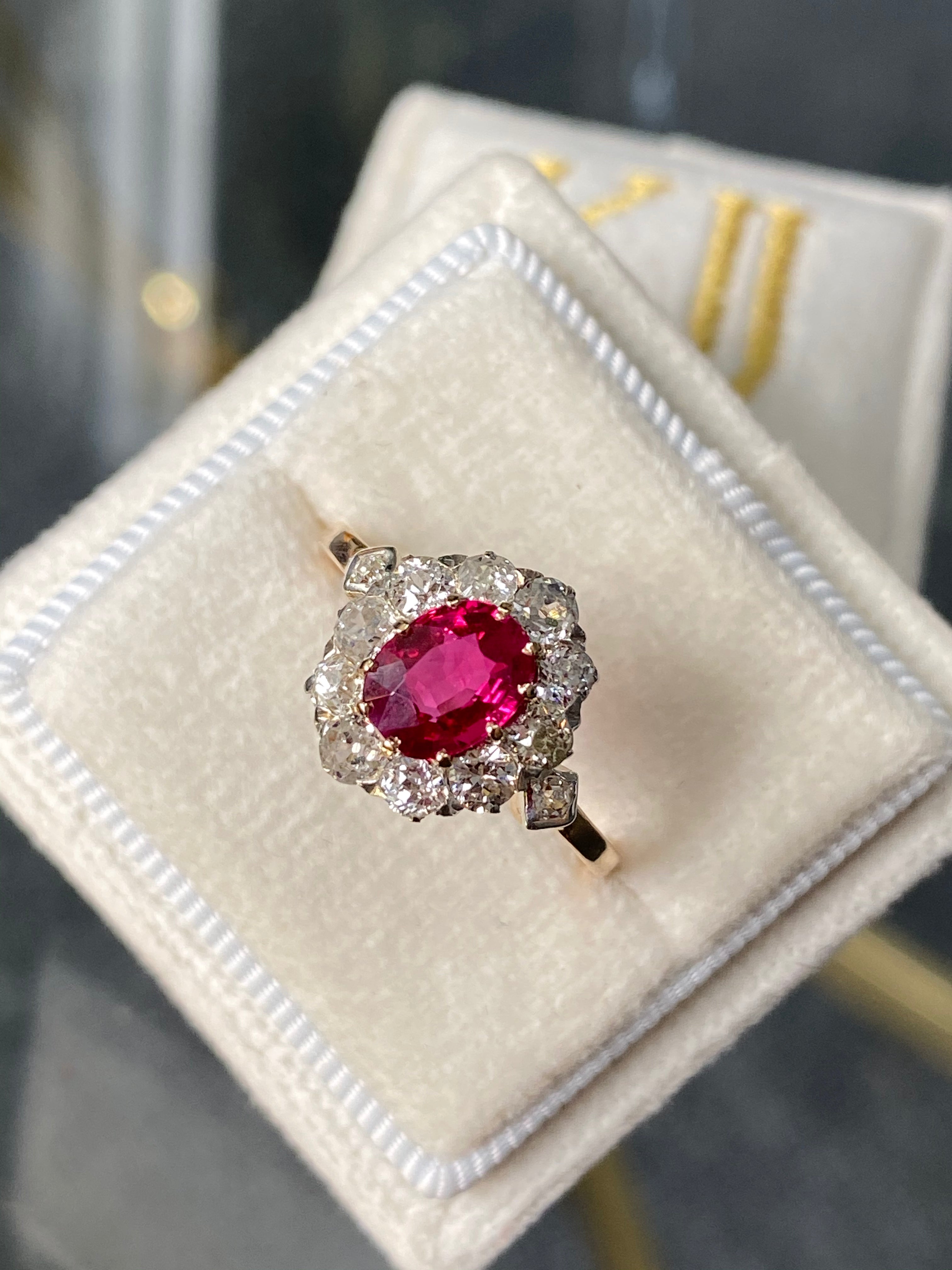 1.18 Carat Antique Ruby and Diamond Halo Engagement Ring in 18ct Yellow Gold