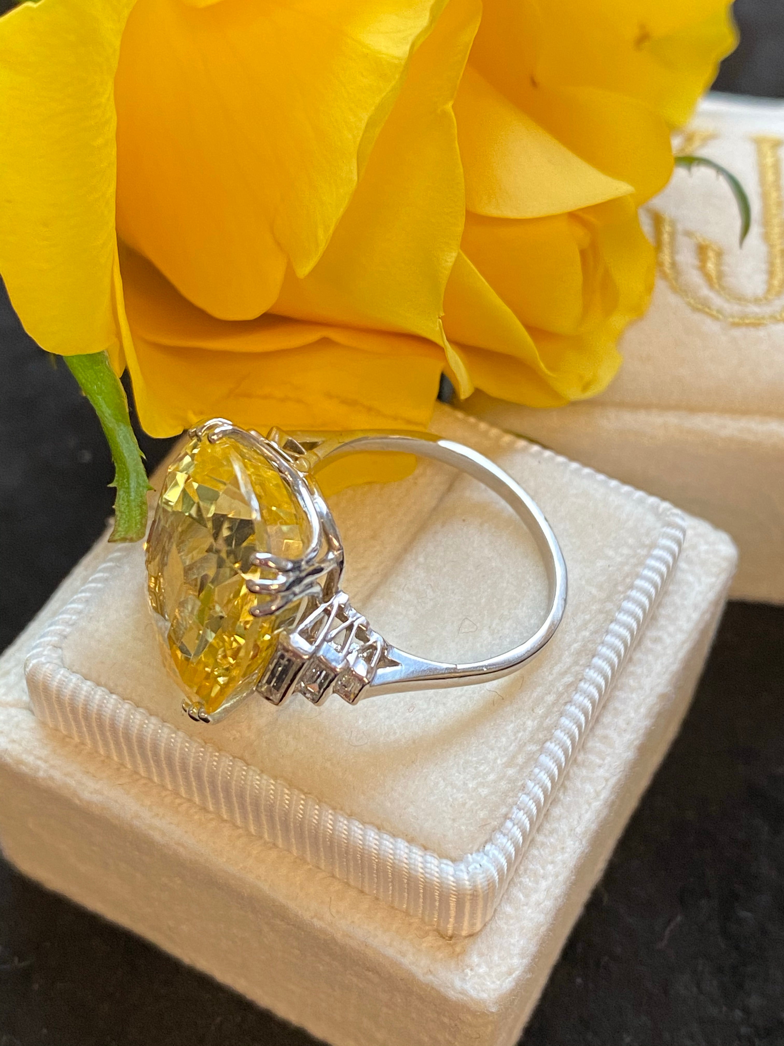 19.60 Carat Certified Unheated Yellow Sapphire and Diamond Art Deco Ring