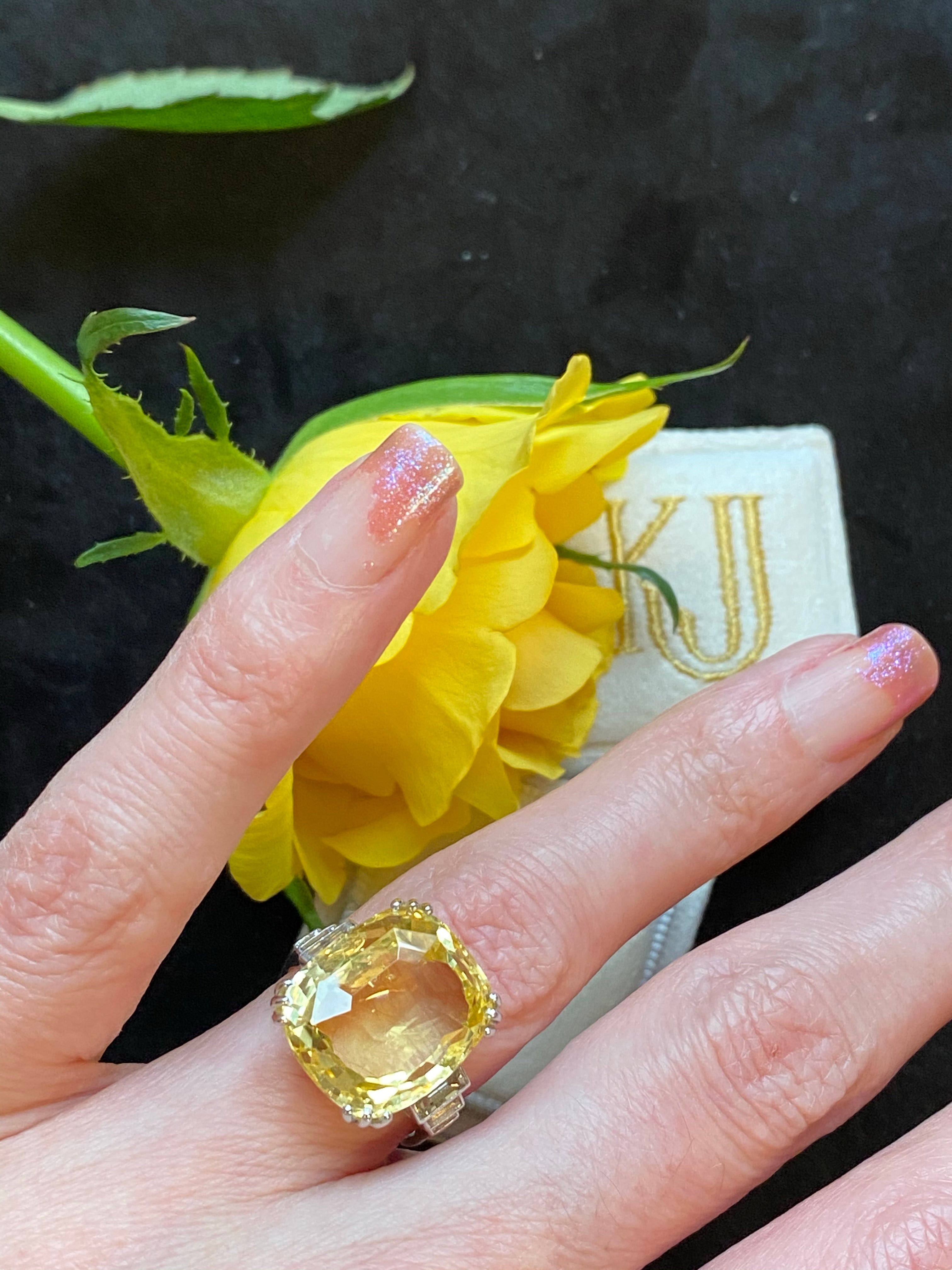 19.60 Carat Certified Unheated Yellow Sapphire and Diamond Art Deco Ring