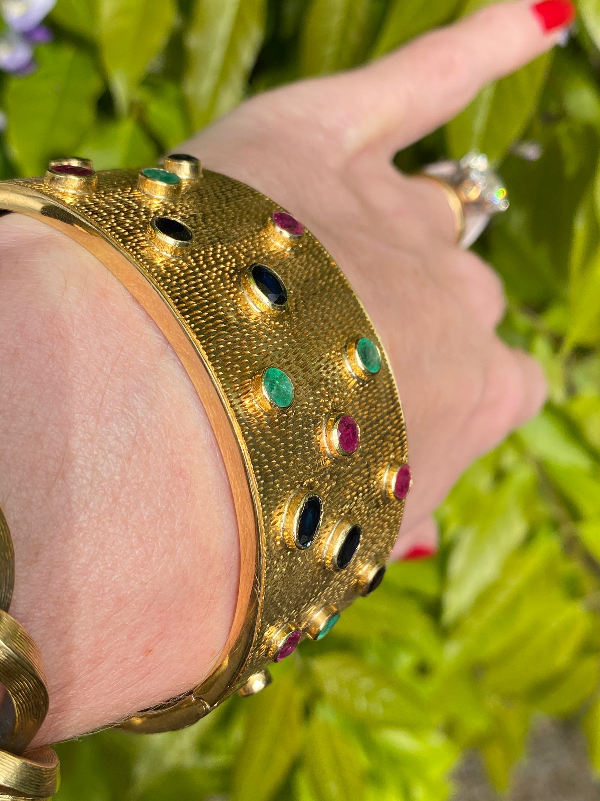 Vintage Ruby, Blue Sapphire and Emerald Cuff Bracelet in 18ct Yellow Gold