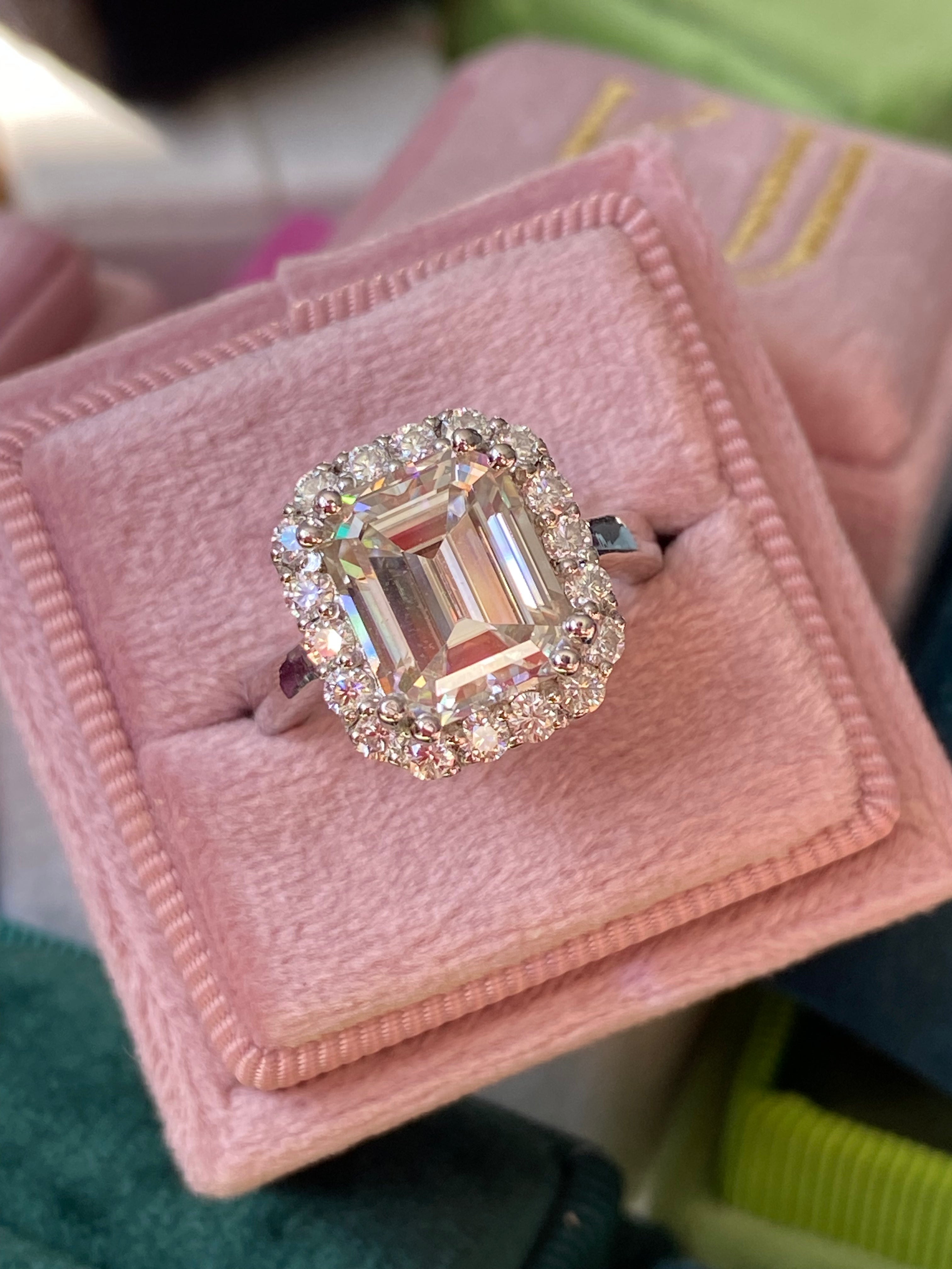 4 Carat Emerald Cut Moissanite Halo Engagement Ring Katherine James Jewellery 