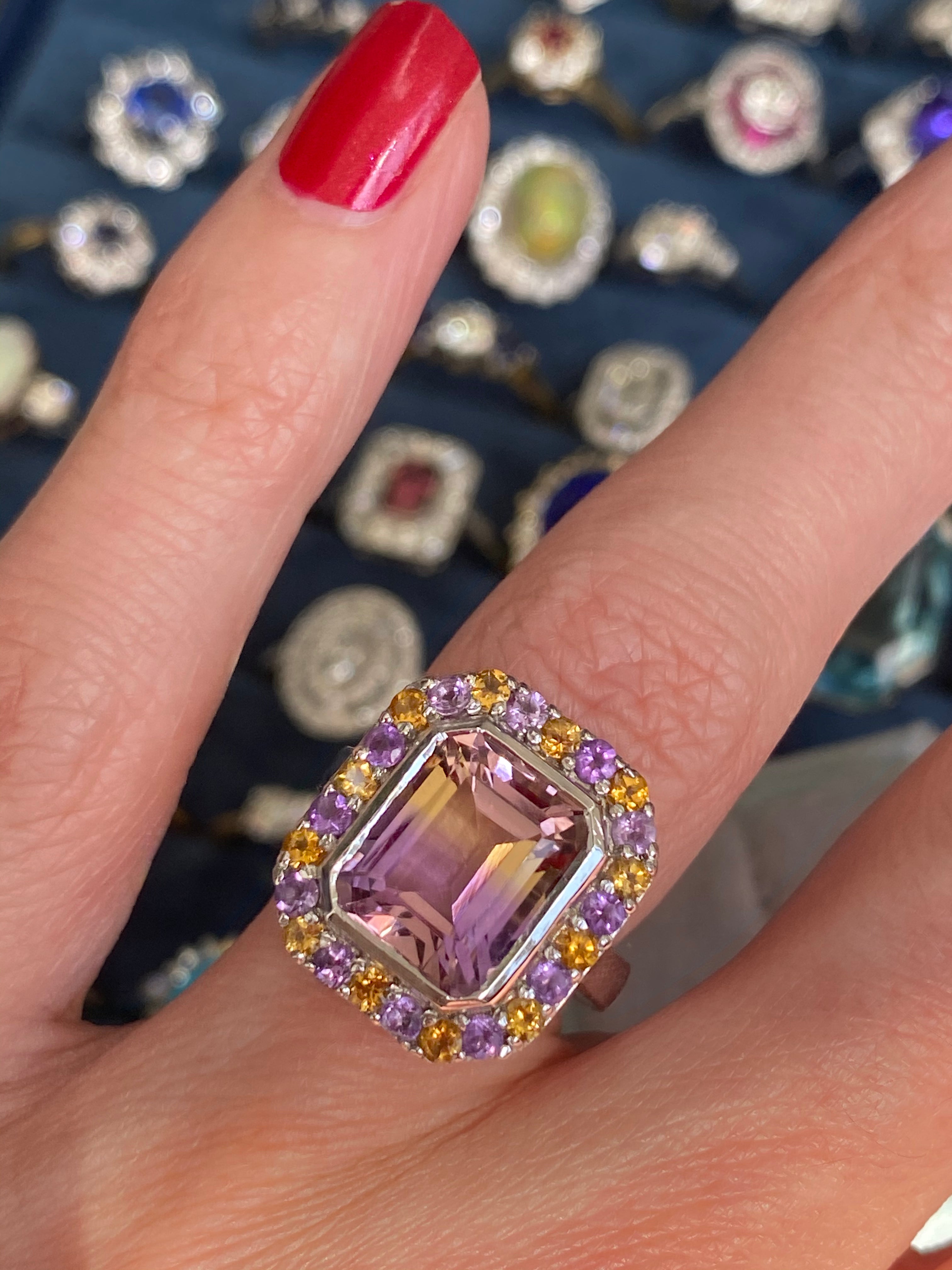 Ametrine Amethyst and Citrine Halo Cocktail Ring in Sterling Silver