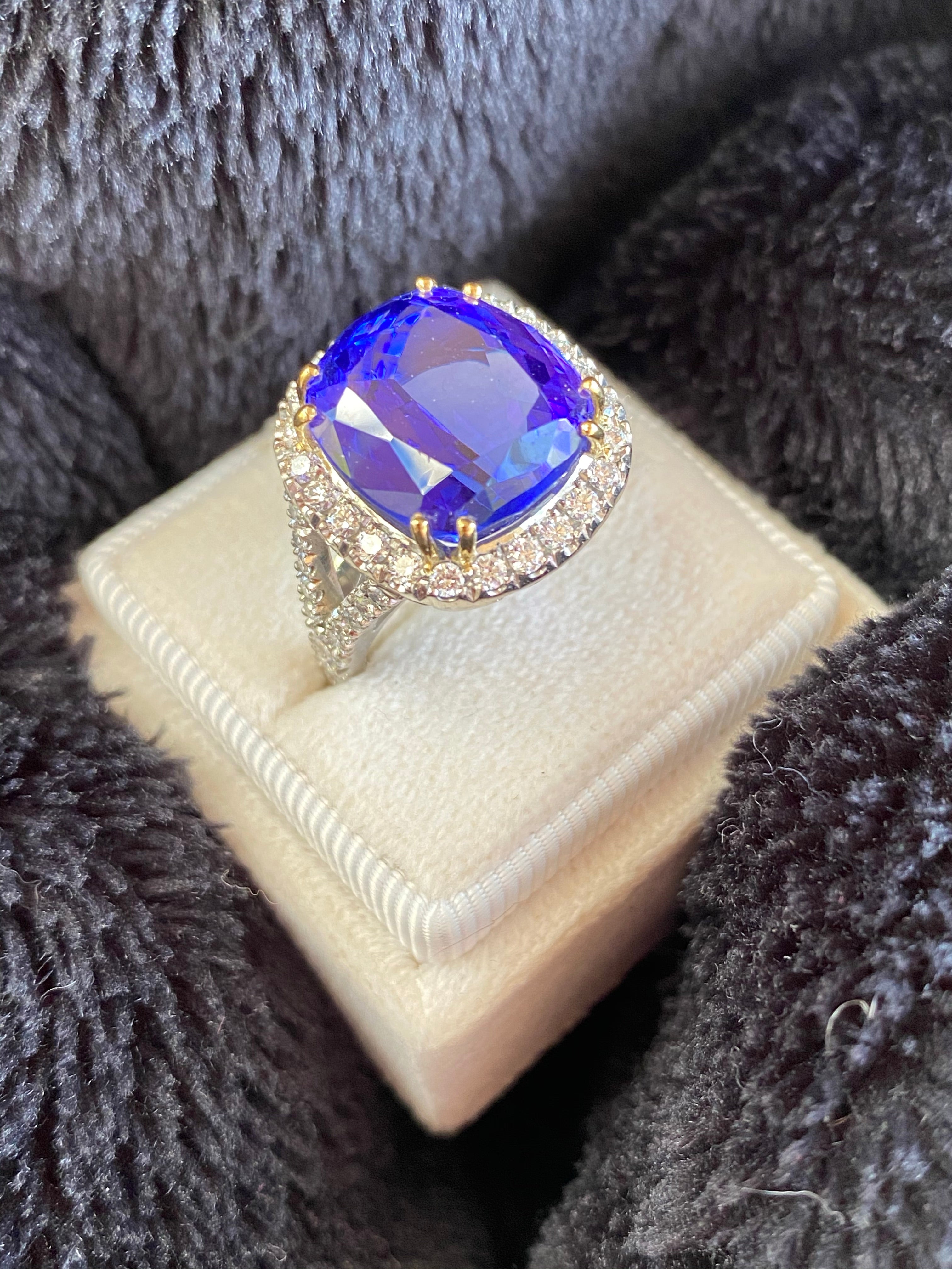 12 Carat Cushion Cut Tanzanite and Diamond Cocktail Engagement Ring in White Gold 