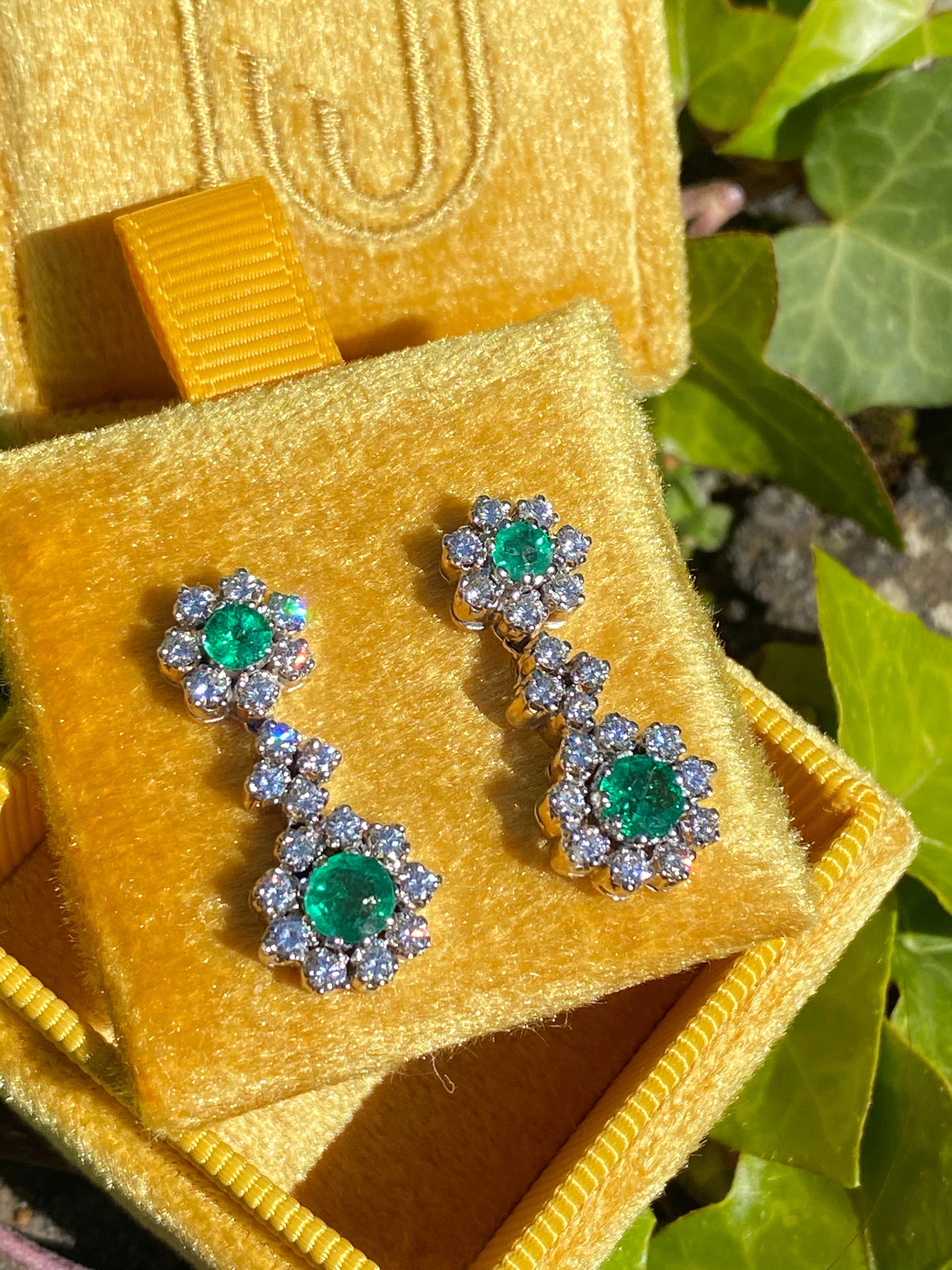 Vintage Emerald and Diamond Drop Earrings in Platinum 