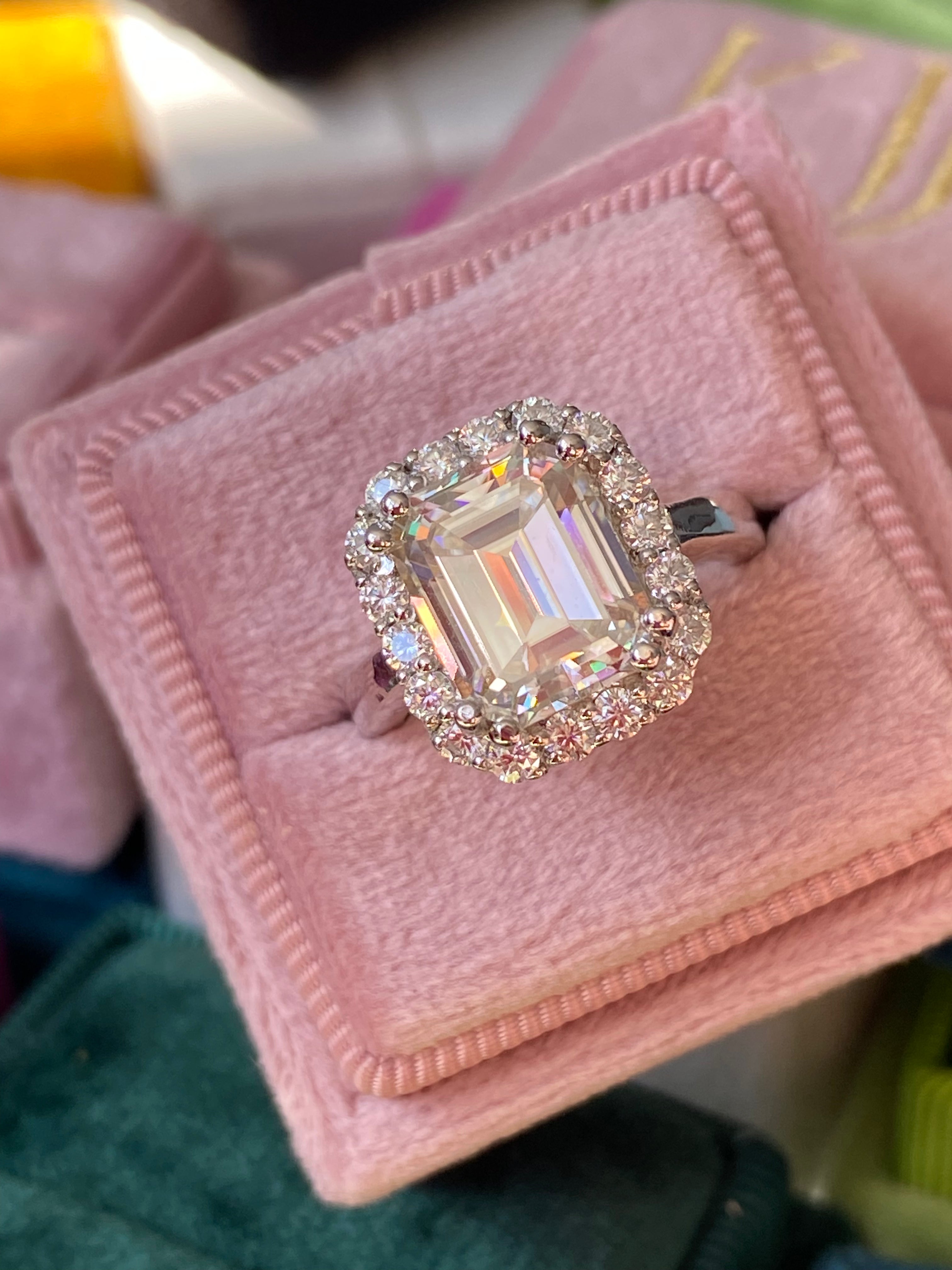 4 Carat Emerald Cut Moissanite Halo Engagement Ring Katherine James Jewellery 